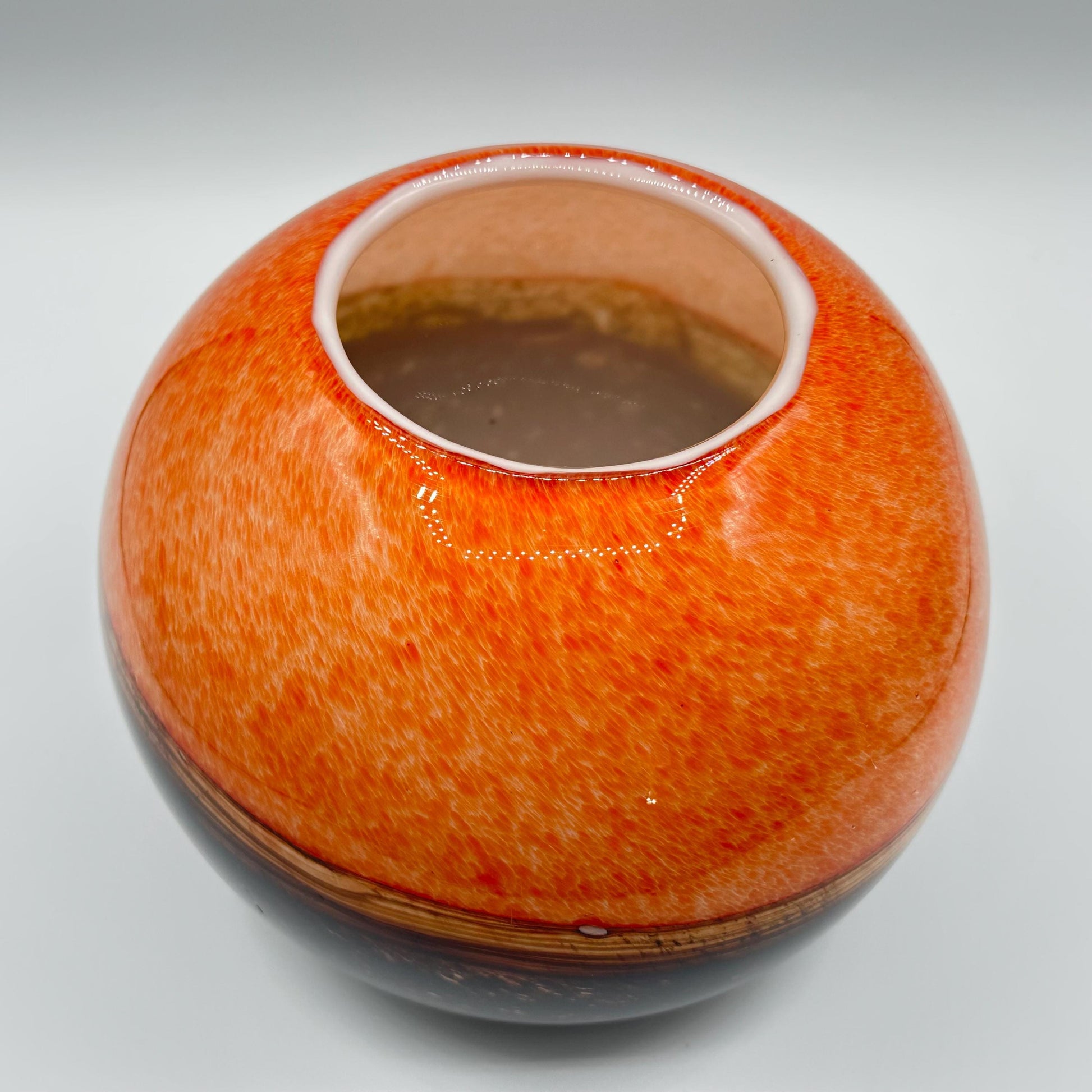 Elegant Round Art Glass Vase: Modern Orange & Brown Swirl Decorative Vessel for Contemporary Homes