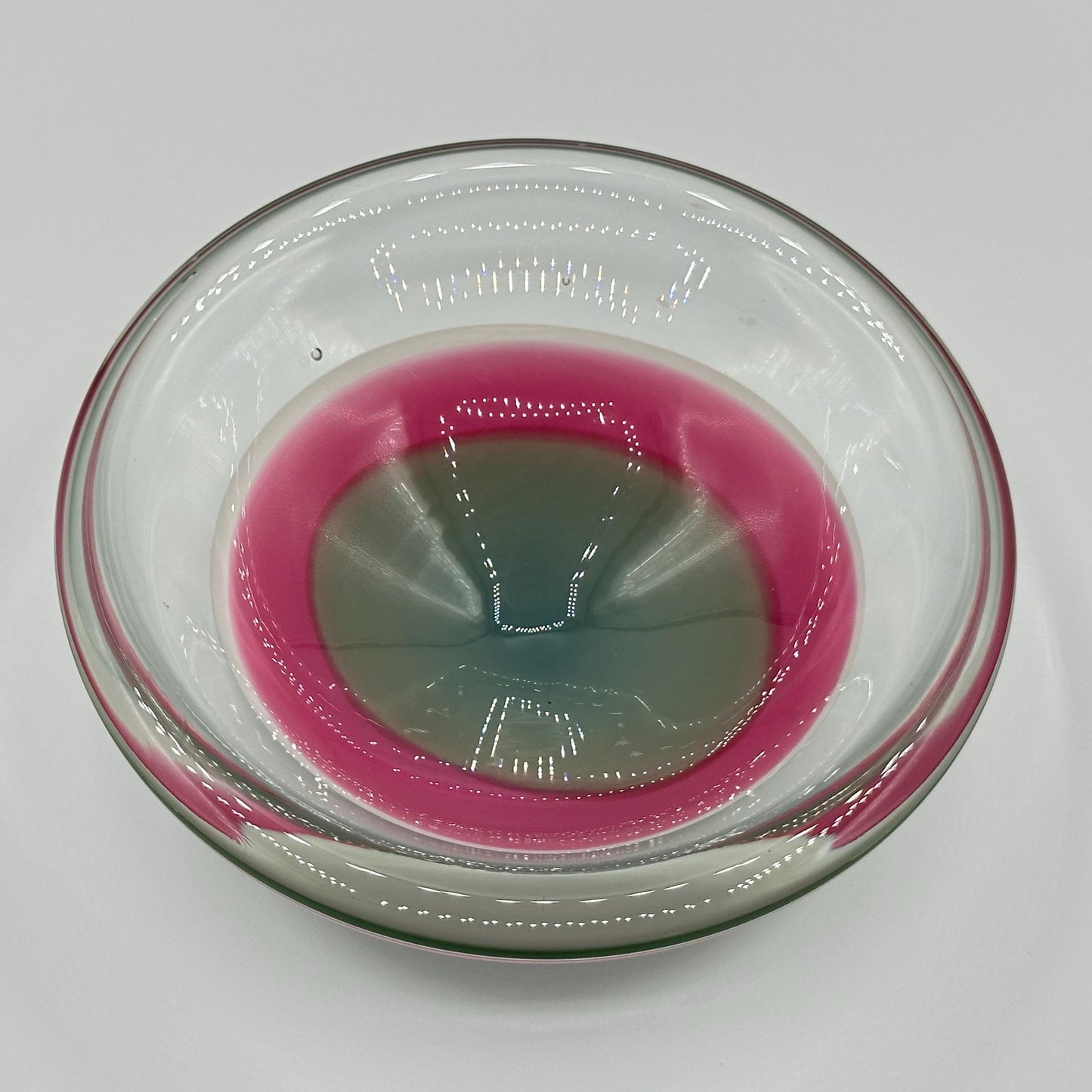Retro Clear Glass Bowl with Pink & Gray Gradient Base - Vintage Modern MCM Decorative Centerpiece