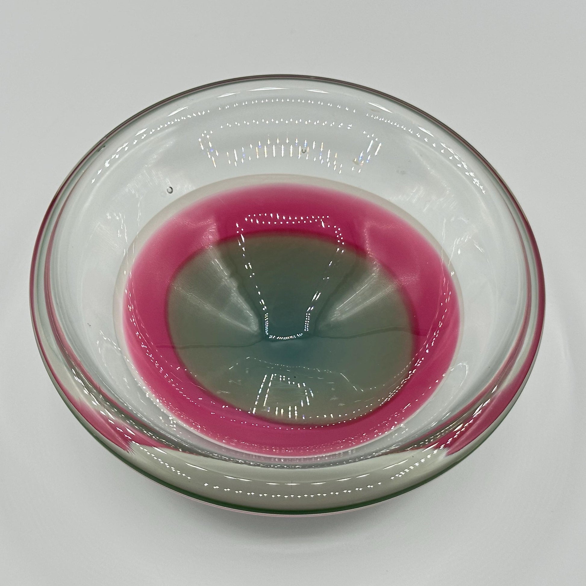 Retro Clear Glass Bowl with Pink & Gray Gradient Base - Vintage Modern MCM Decorative Centerpiece