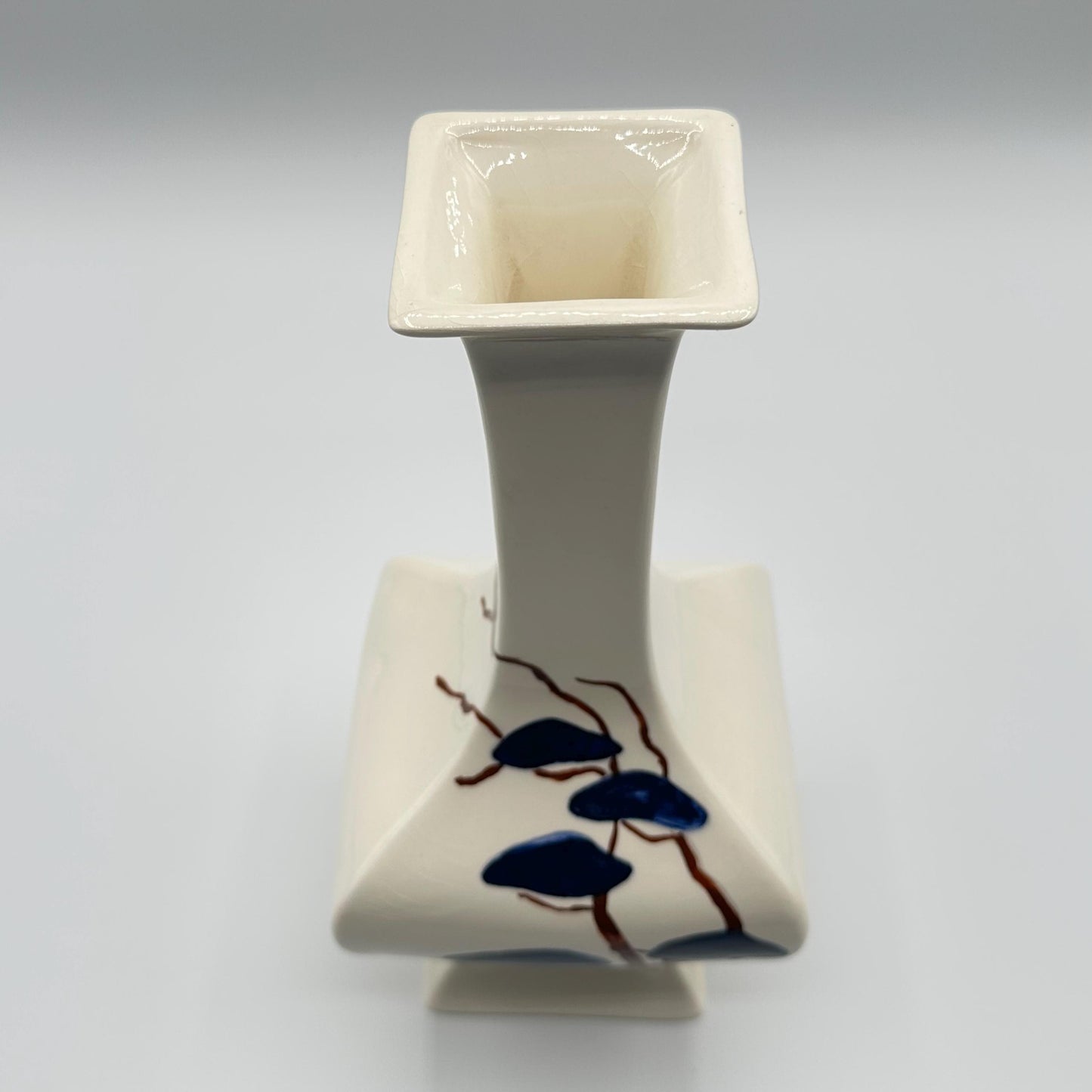 Vintage Ivory Ceramic Vase with Hand-Painted Blue Leaf Design - Asian-Inspired Glazed Pottery Floral Accent