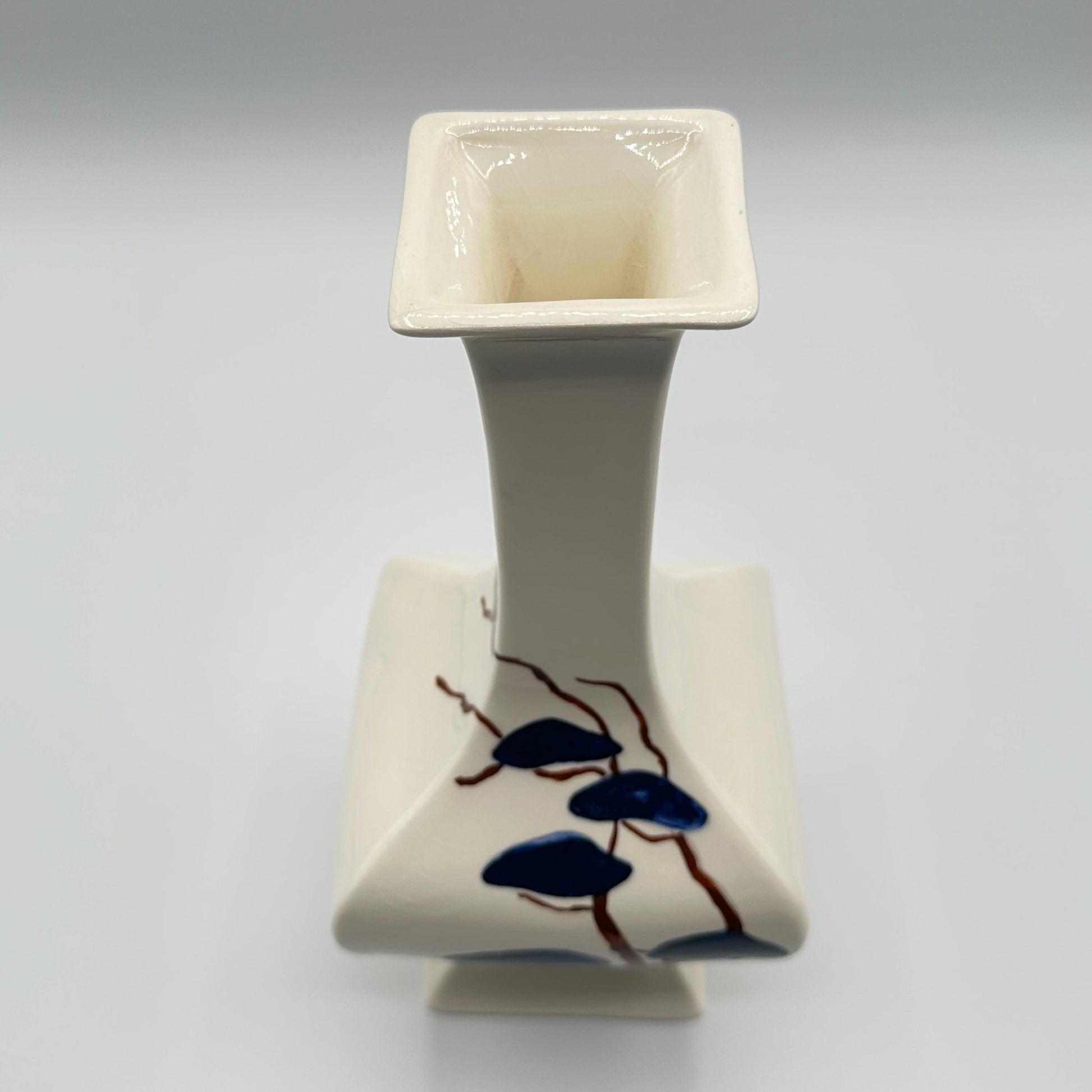 Vintage Ivory Ceramic Vase with Hand-Painted Blue Leaf Design - Asian-Inspired Glazed Pottery Floral Accent