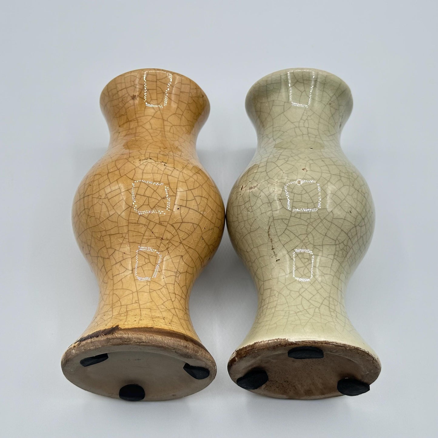 Vintage Crackle Glaze Vase Pair - Golden Amber & Cream Ceramic Curved Silhouette Home Decor