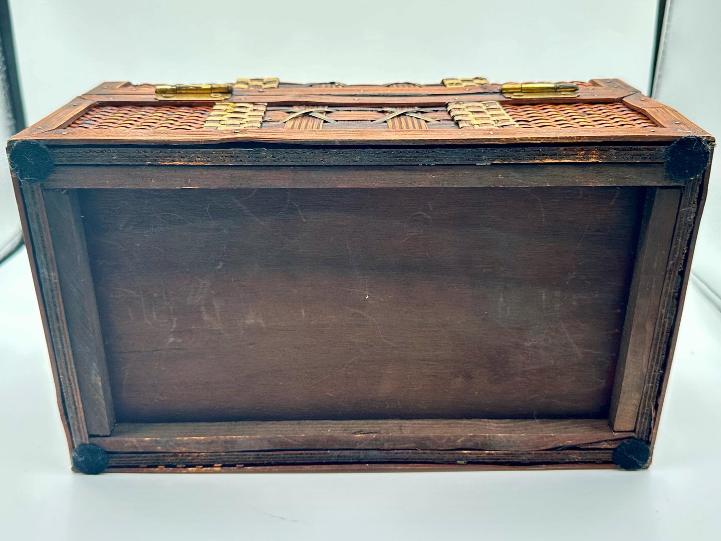 Vintage Bombay Company Woven Wood & Brass Chest - Rustic Jewelry Trinket Box with Latch