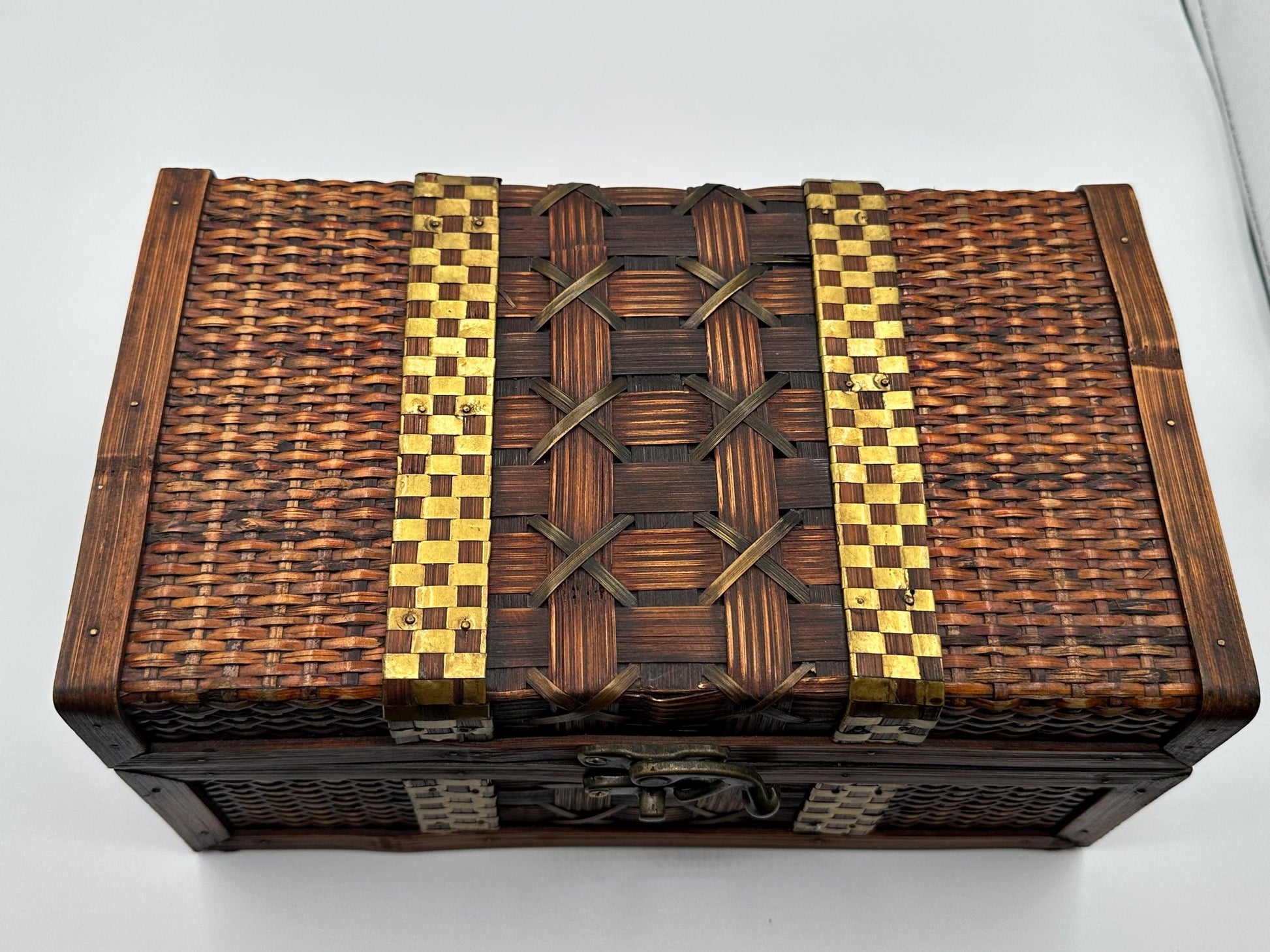 Vintage Bombay Company Woven Wood & Brass Chest - Rustic Jewelry Trinket Box with Latch