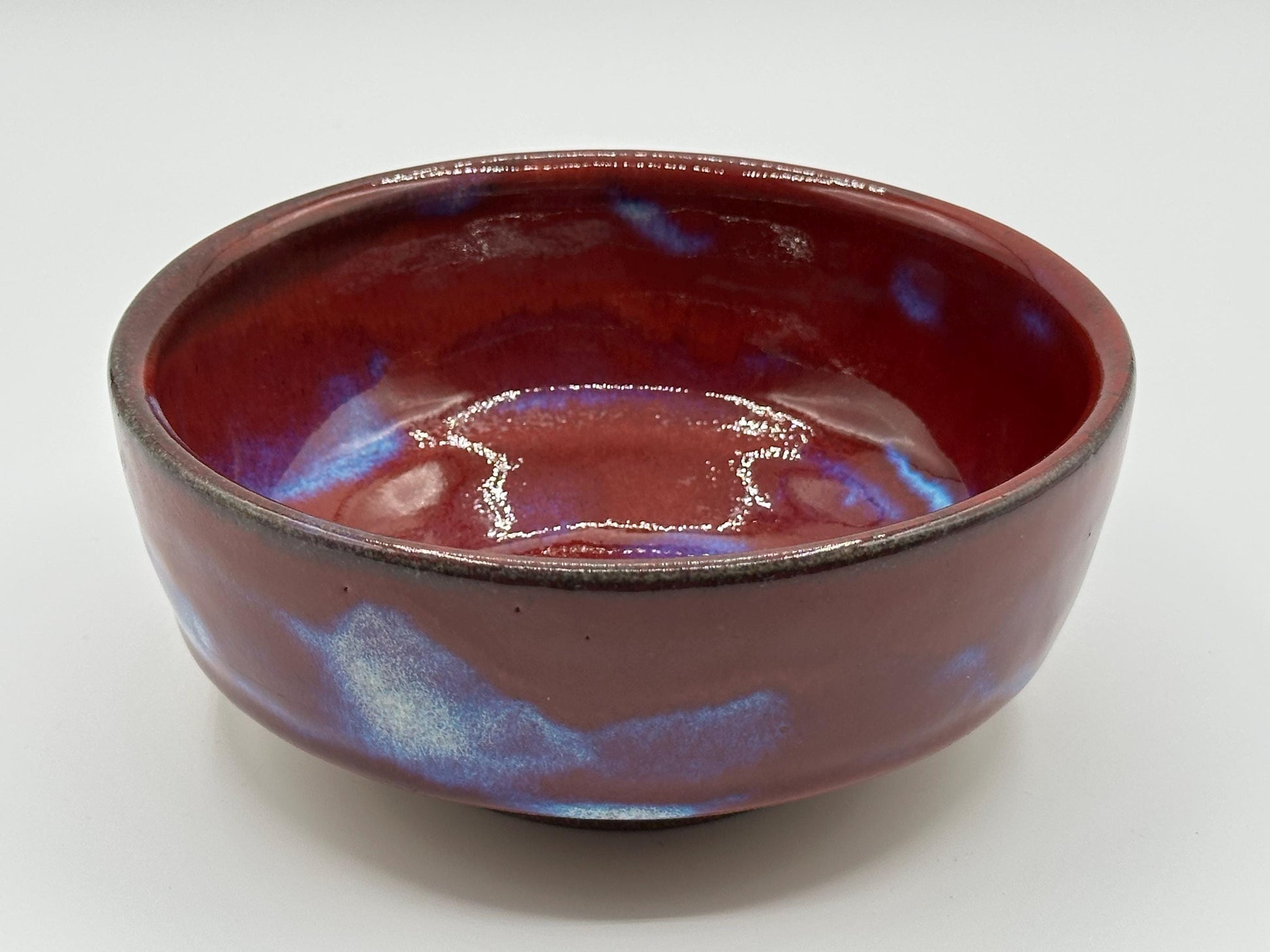 Vintage Artist-Signed Ceramic Bowl: Rustic Red & Blue Drip Glaze Pottery Dish - Handmade Boho Decor