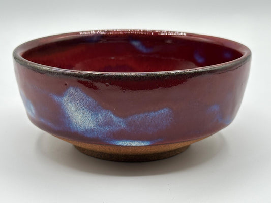 Vintage Artist-Signed Ceramic Bowl: Rustic Red & Blue Drip Glaze Pottery Dish - Handmade Boho Decor