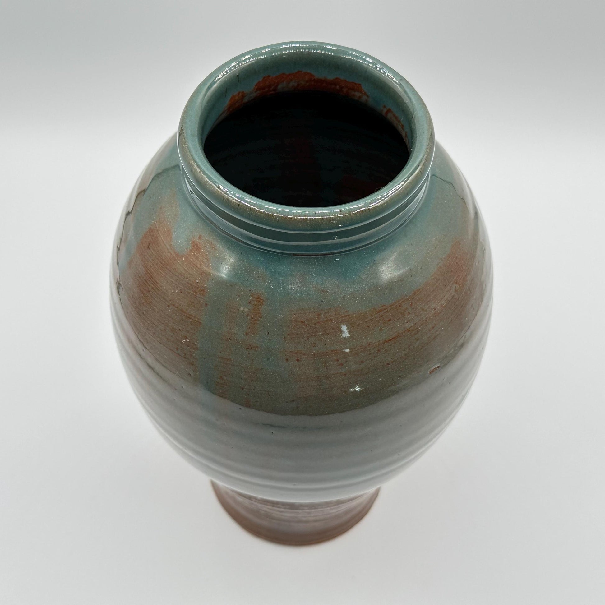 Artisan-Signed Rustic Stoneware Vase - Handmade Pottery with Brown & Blue Drip Glaze