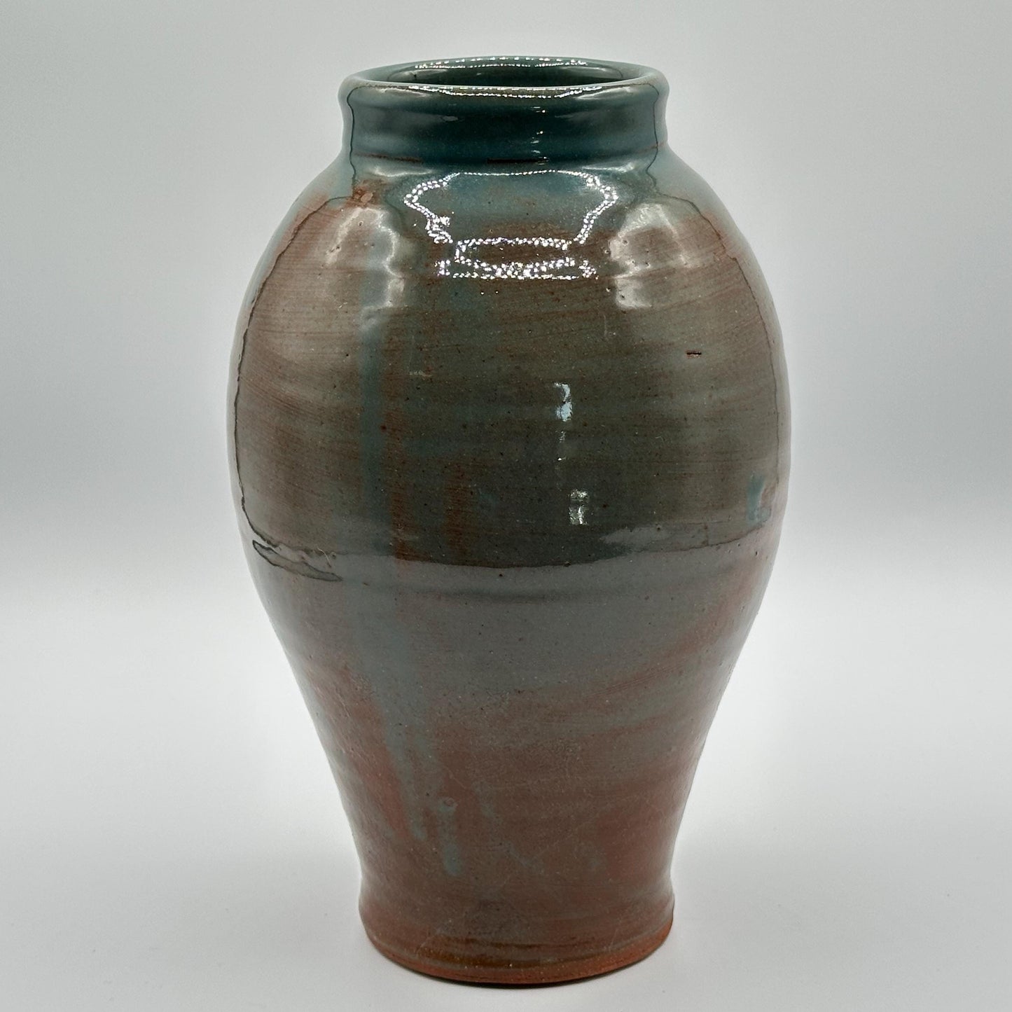 Artisan-Signed Rustic Stoneware Vase - Handmade Pottery with Brown & Blue Drip Glaze