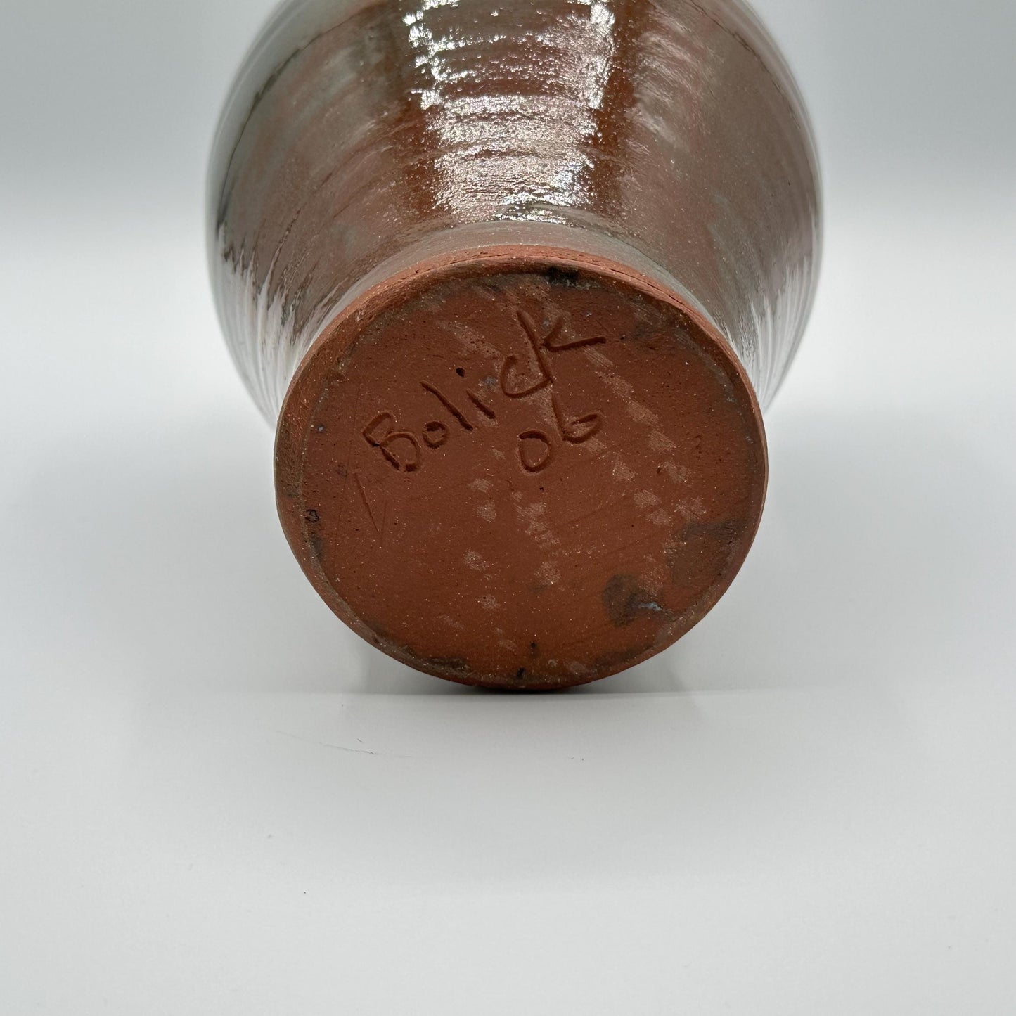Artisan-Signed Rustic Stoneware Vase - Handmade Pottery with Brown & Blue Drip Glaze