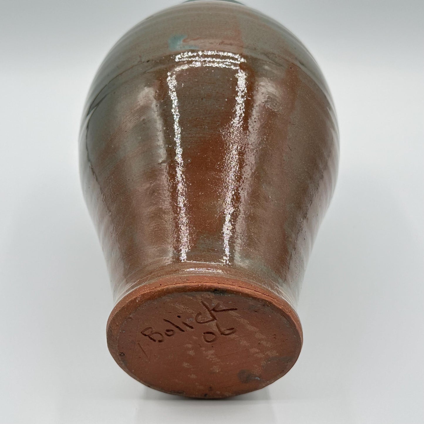 Artisan-Signed Rustic Stoneware Vase - Handmade Pottery with Brown & Blue Drip Glaze