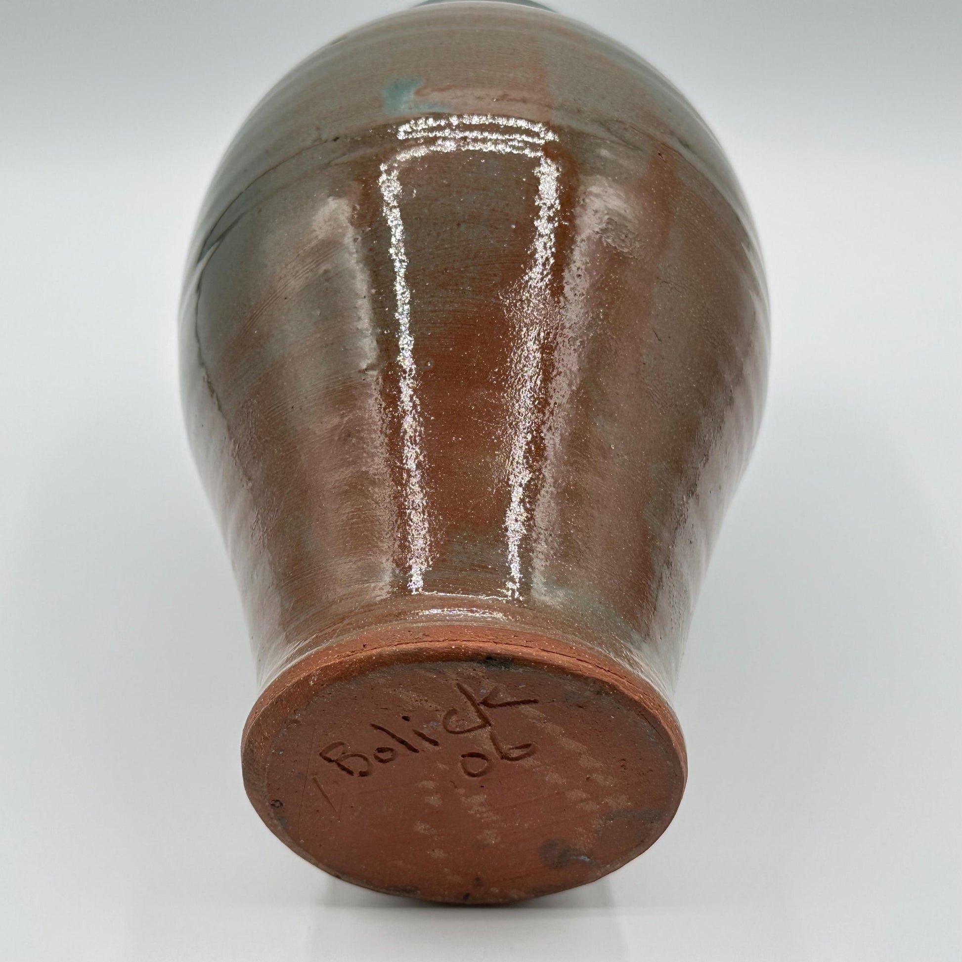 Artisan-Signed Rustic Stoneware Vase - Handmade Pottery with Brown & Blue Drip Glaze