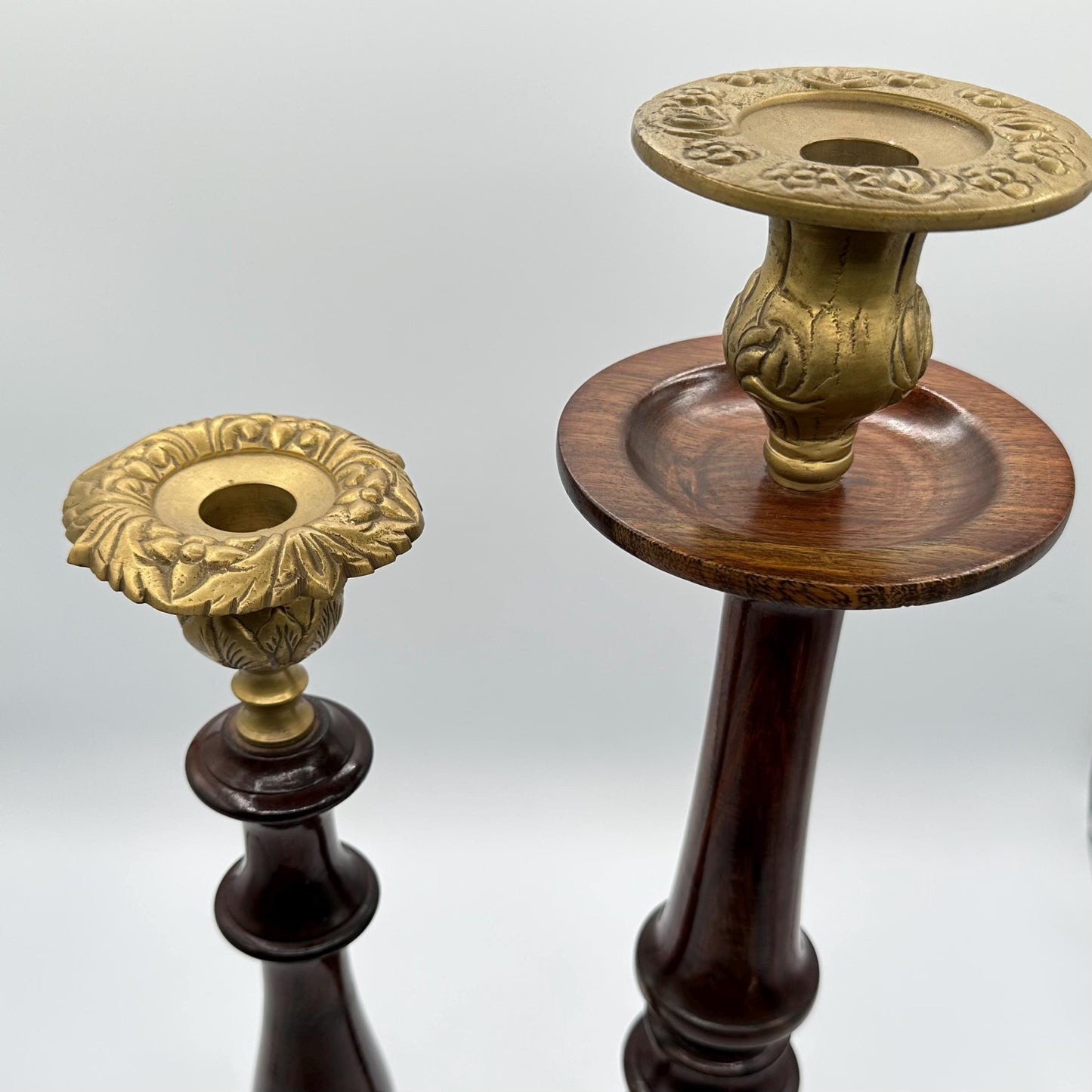 Vintage Tall Wooden Candlesticks with Brass Tops - Elegant Pair of Turned Taper Holders for Farmhouse Decor