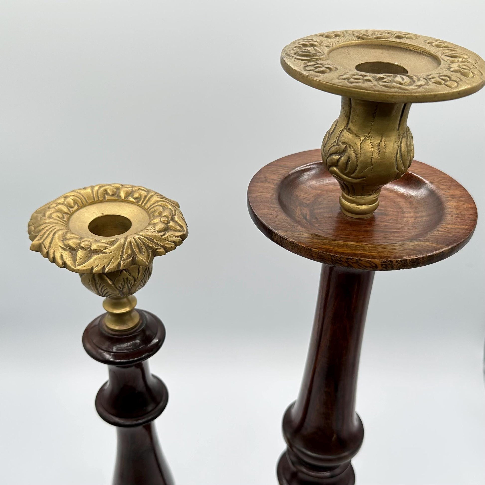 Vintage Tall Wooden Candlesticks with Brass Tops - Elegant Pair of Turned Taper Holders for Farmhouse Decor