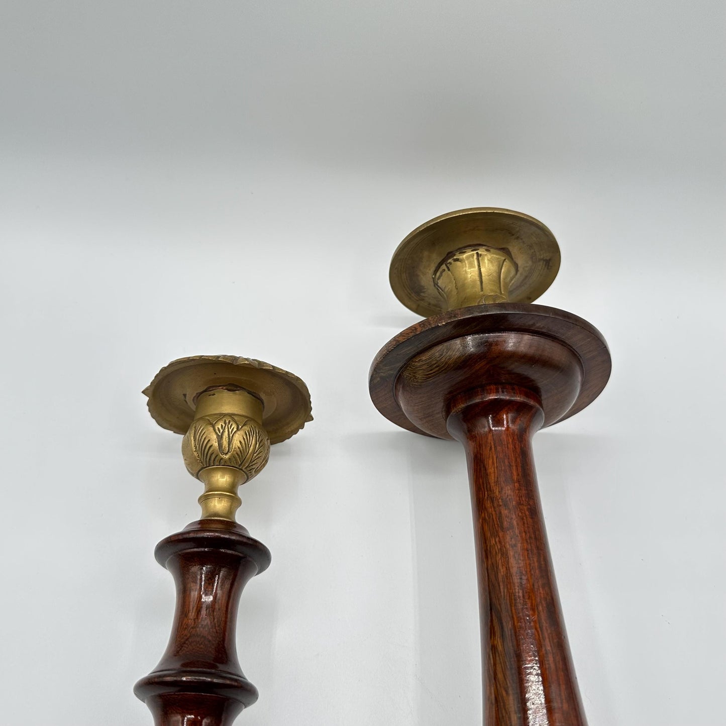 Vintage Tall Wooden Candlesticks with Brass Tops - Elegant Pair of Turned Taper Holders for Farmhouse Decor