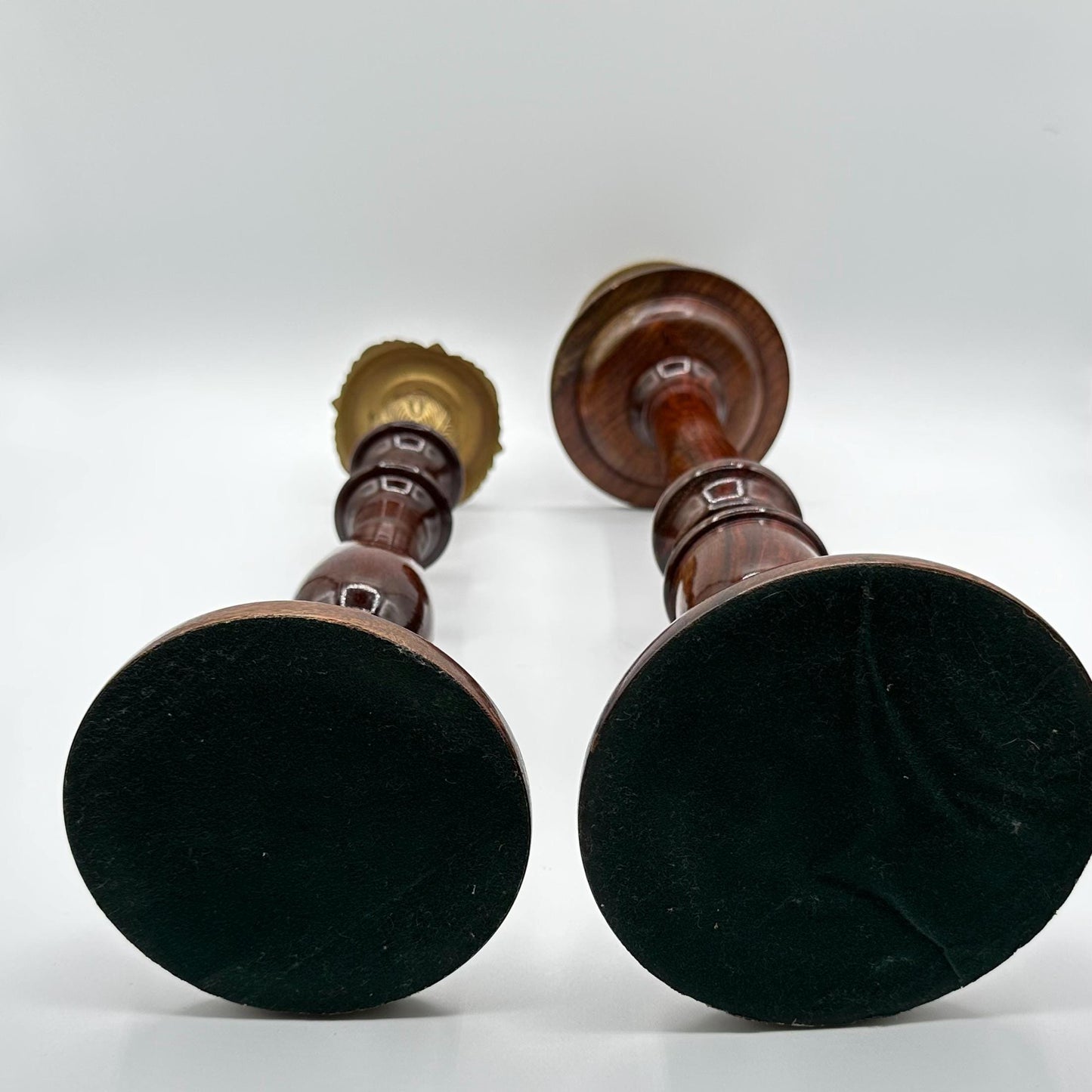 Vintage Tall Wooden Candlesticks with Brass Tops - Elegant Pair of Turned Taper Holders for Farmhouse Decor