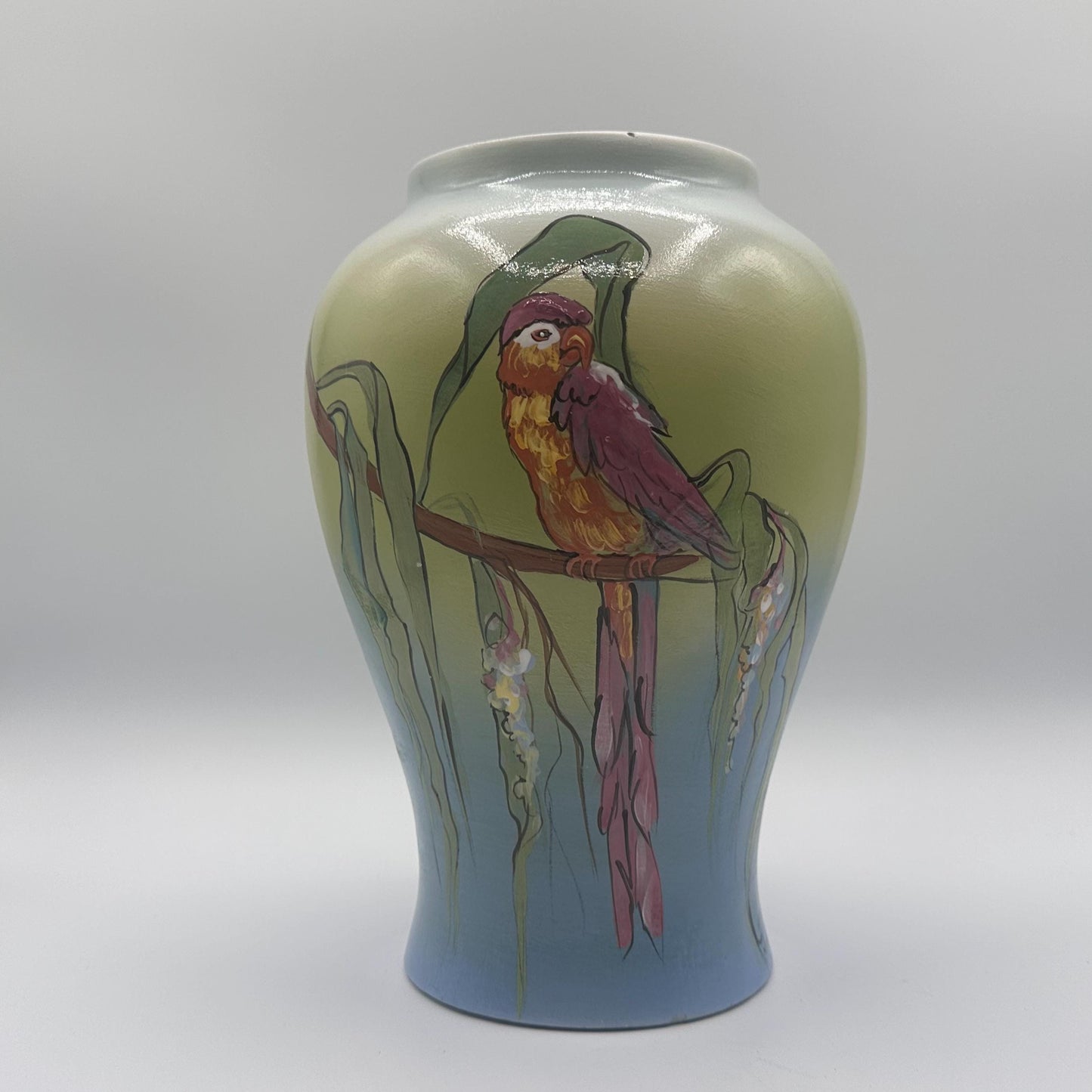 Rick Wisecarver's Handcrafted Tropical Bird Ceramic Vase - Collectible Ohio Studio Pottery Art