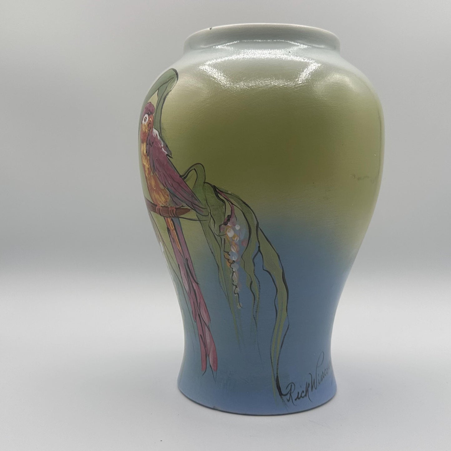 Rick Wisecarver's Handcrafted Tropical Bird Ceramic Vase - Collectible Ohio Studio Pottery Art