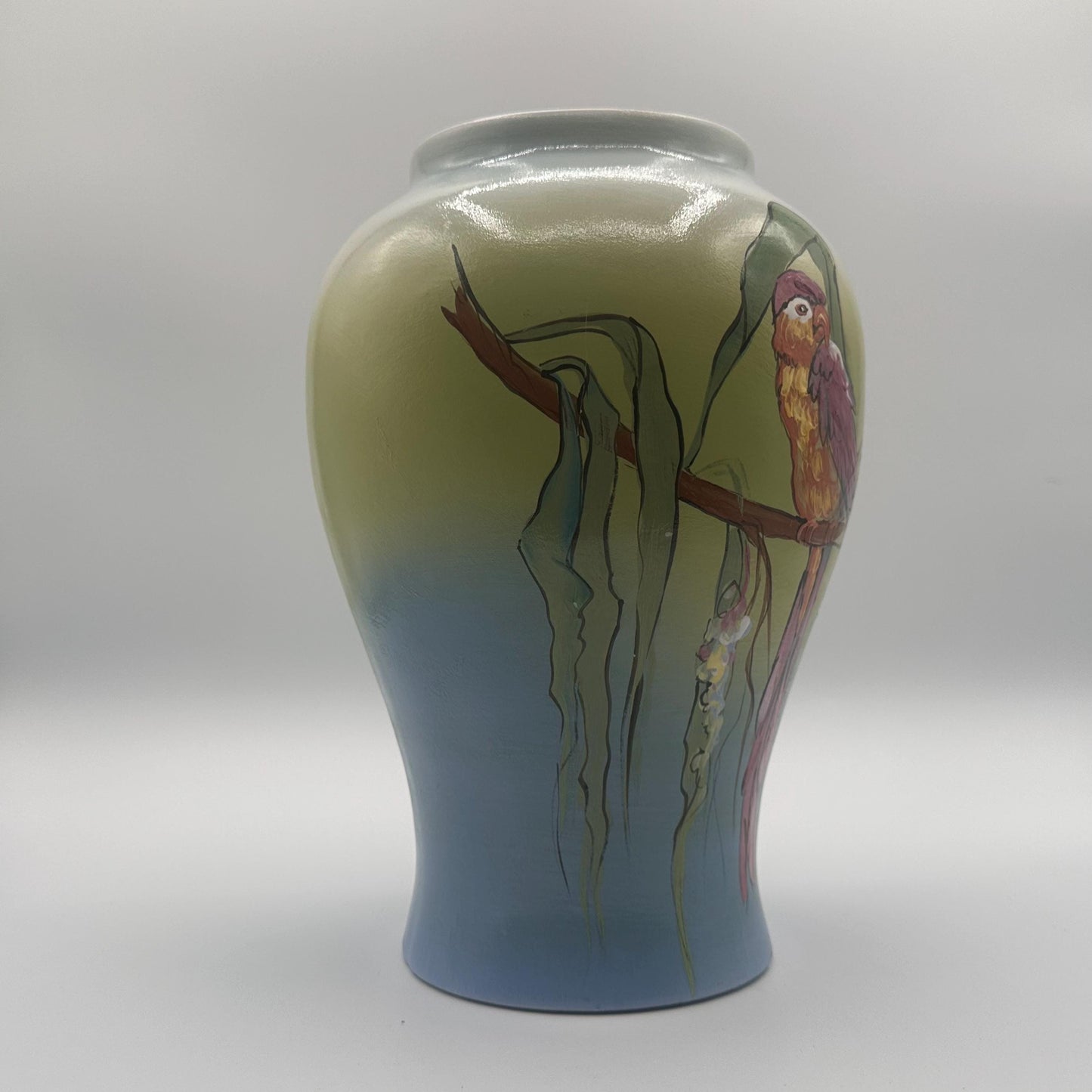 Rick Wisecarver's Handcrafted Tropical Bird Ceramic Vase - Collectible Ohio Studio Pottery Art