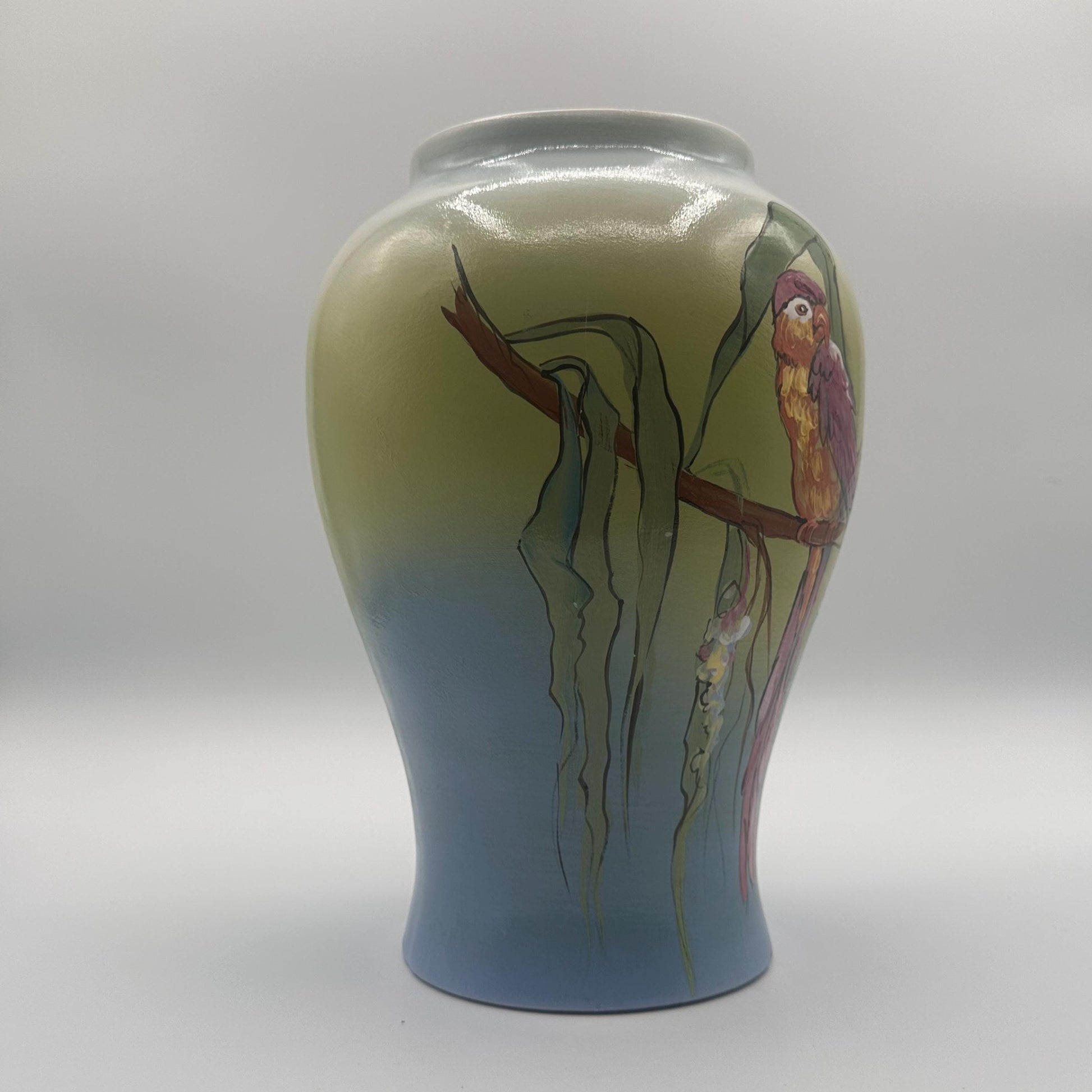 Rick Wisecarver's Handcrafted Tropical Bird Ceramic Vase - Collectible Ohio Studio Pottery Art