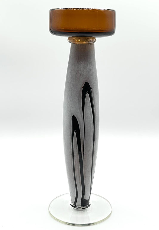 Vintage Amber & Black Sculptural Art Glass Candle Holder - Mid-Century Modern Decor Piece