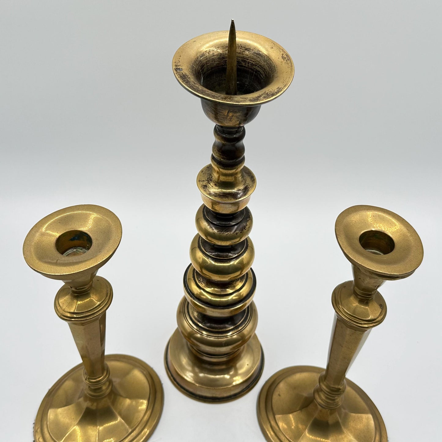 Vintage Brass Candlestick Set: 3 Mismatched Antique-Style Holders for Eclectic Home Decor