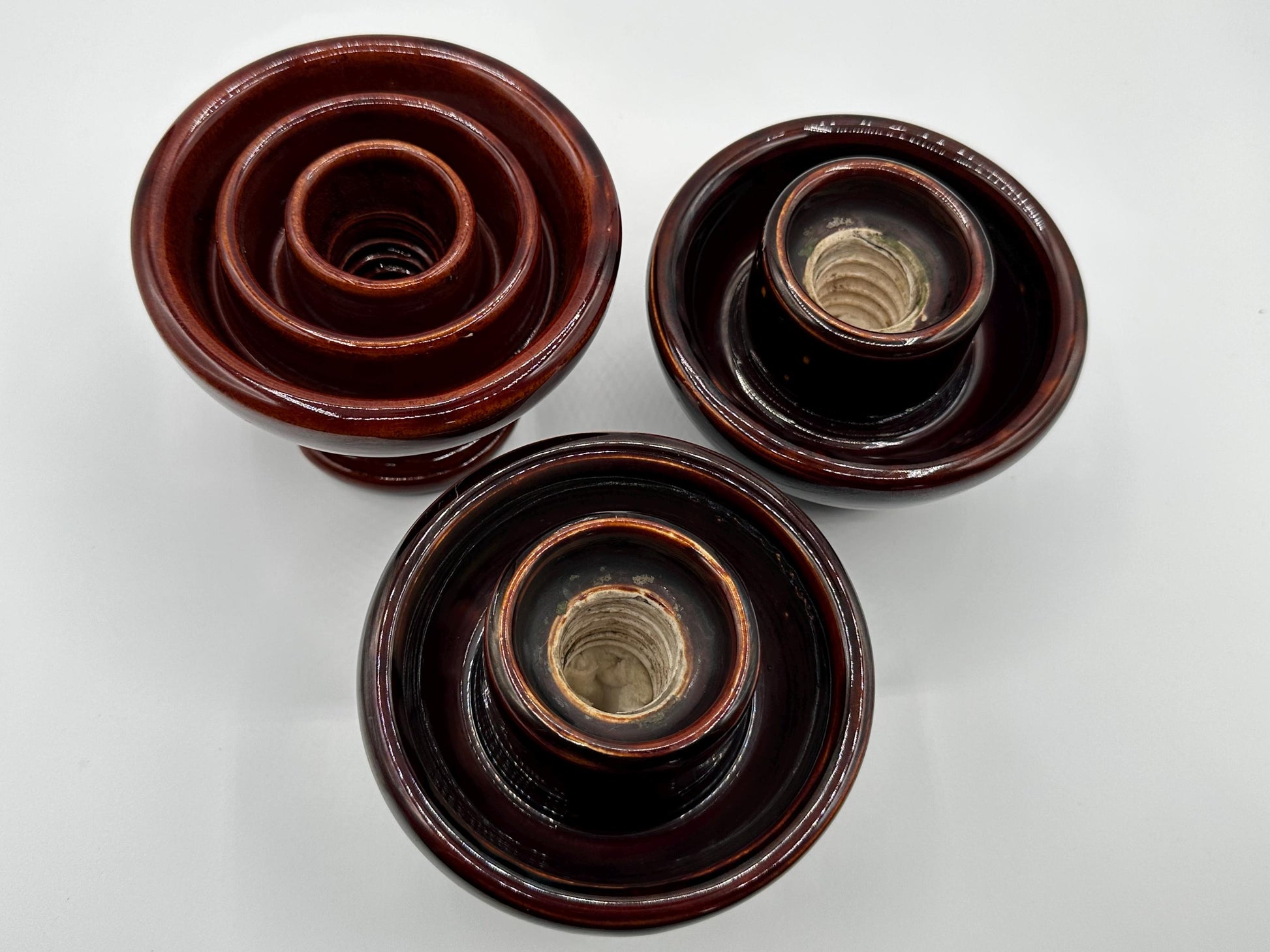 Vintage Collectible Pottery Insulators Set: 3 XL Locke Brown Rare Chance Antique Electrical Pieces