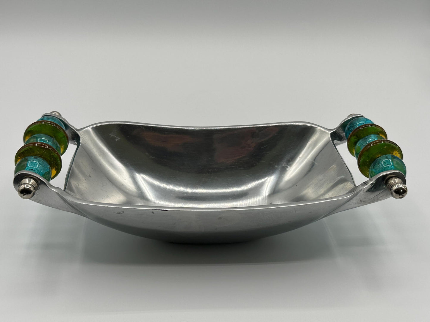 Vintage Silver Rectangle Serving Platter with Elegant Blue & Brown Bead Accents - Retro Tableware