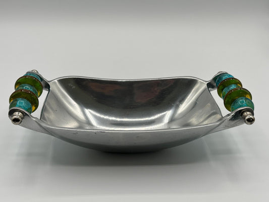 Vintage Silver Rectangle Serving Platter with Elegant Blue & Brown Bead Accents - Retro Tableware