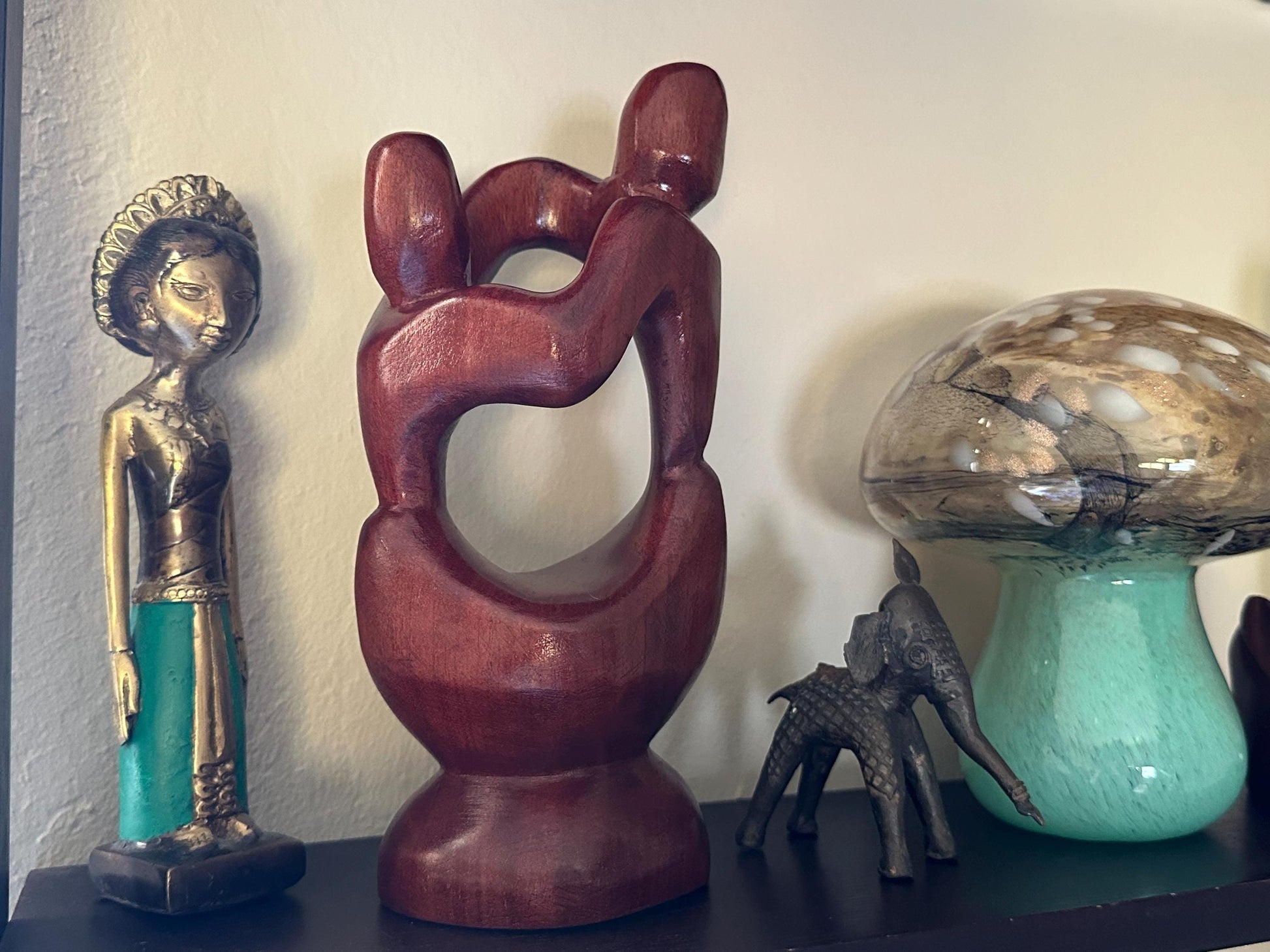 Handcrafted Abstract Wooden Lovers Sculpture - 10 Inch Romantic Couple Statue by A. Vancooten