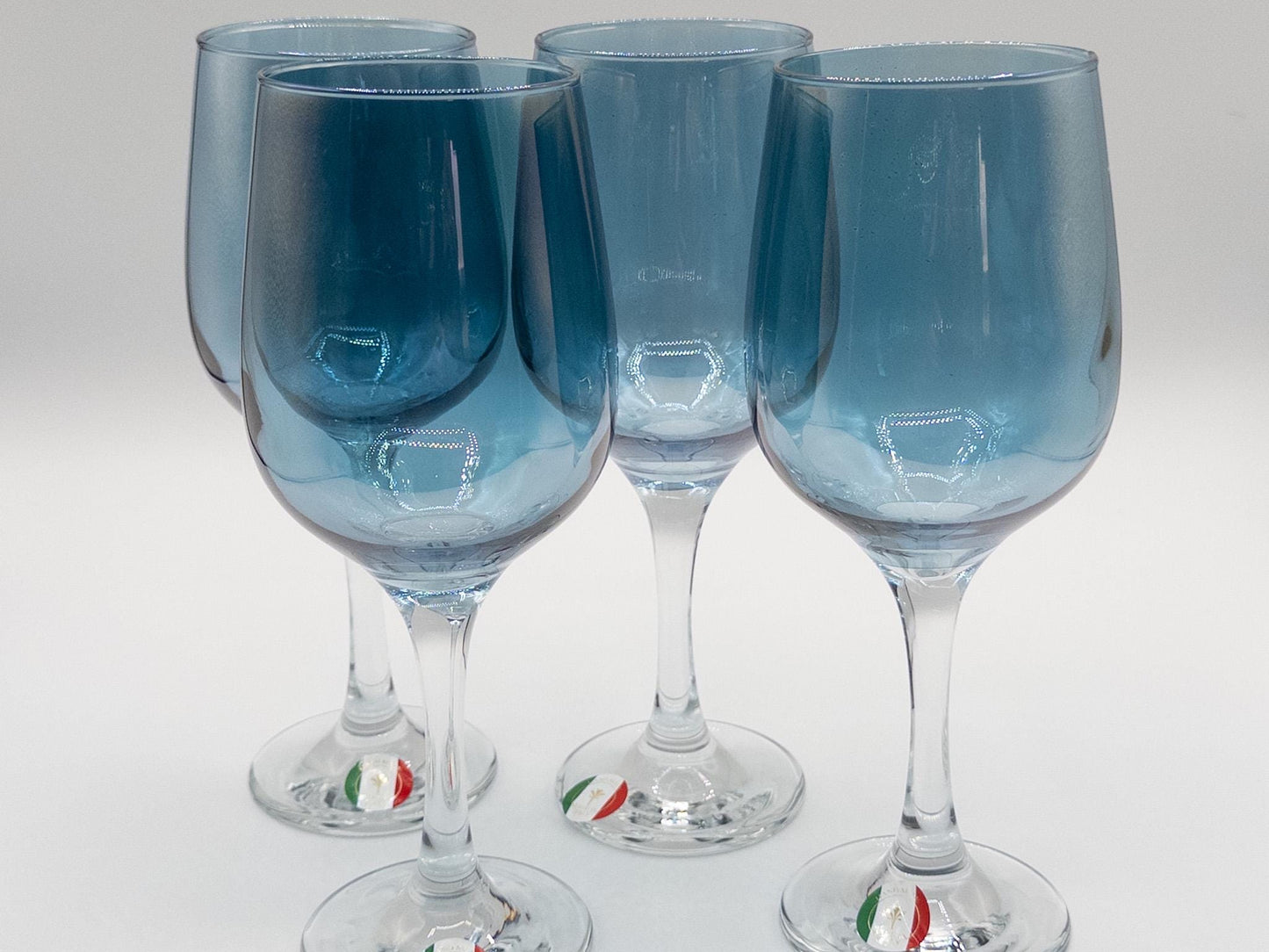 Vintage Italian Handblown Iridescent Blue Wine Glasses - Elegant Retro Glassware for Home Bar