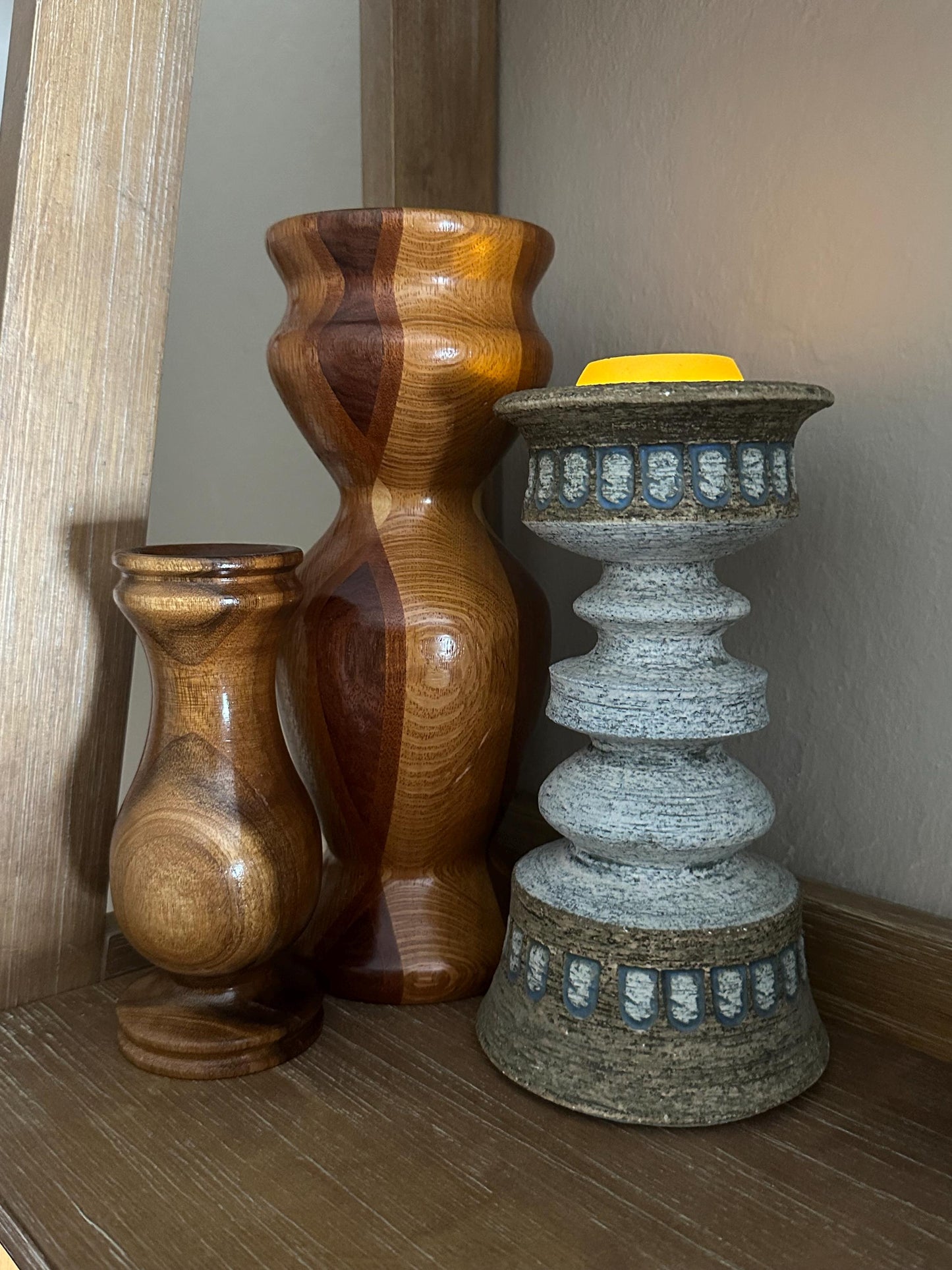 MCM-Inspired Rustic Farmhouse Distressed Candle Holder - Handcrafted Decor Artist Signed