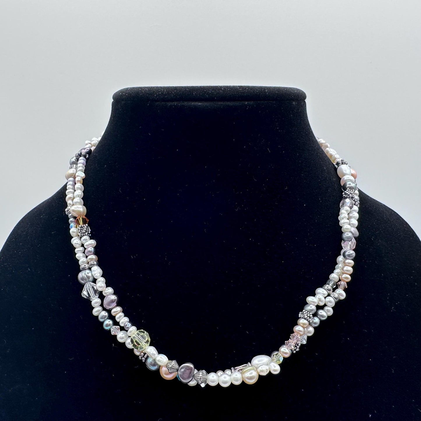 Elegant Multi-Strand Mother of Pearl & Crystal Necklace: Delicate Beaded Statement Jewelry