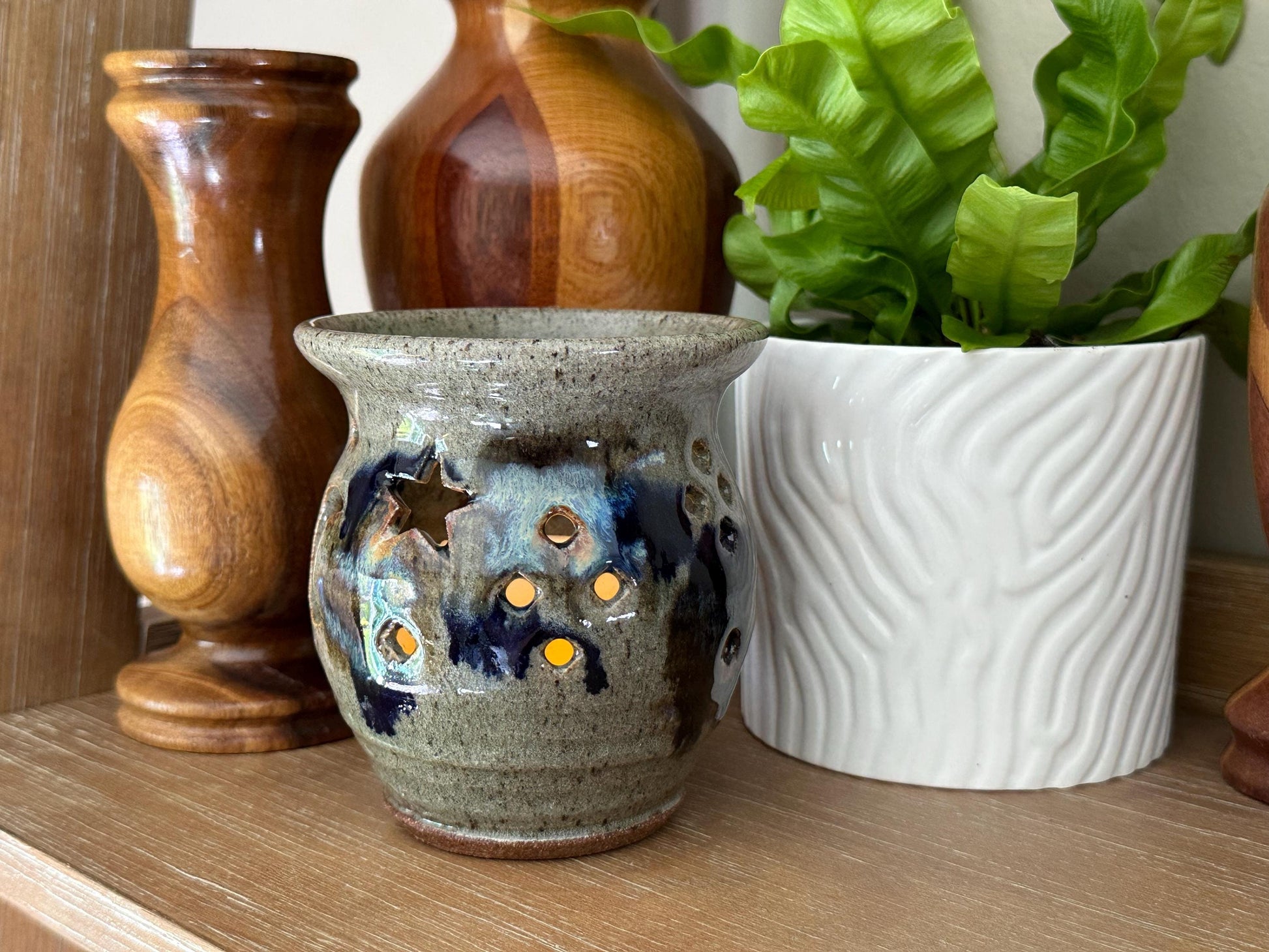 Handcrafted Blue-Gray Ceramic Luminary: Artist Signed Studio Art Pottery Tea Light Holder for Ambient Decor