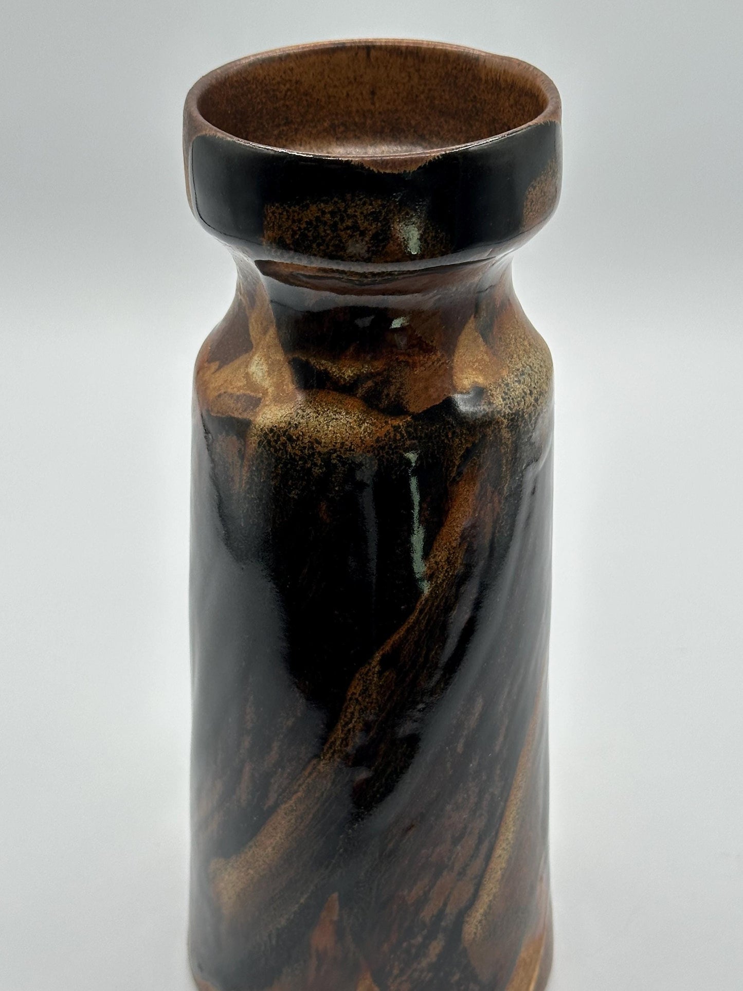 Vintage Mid-Century Modern Cylindrical Vase: Brown & Black Swirl Accents - USA Pottery Craft