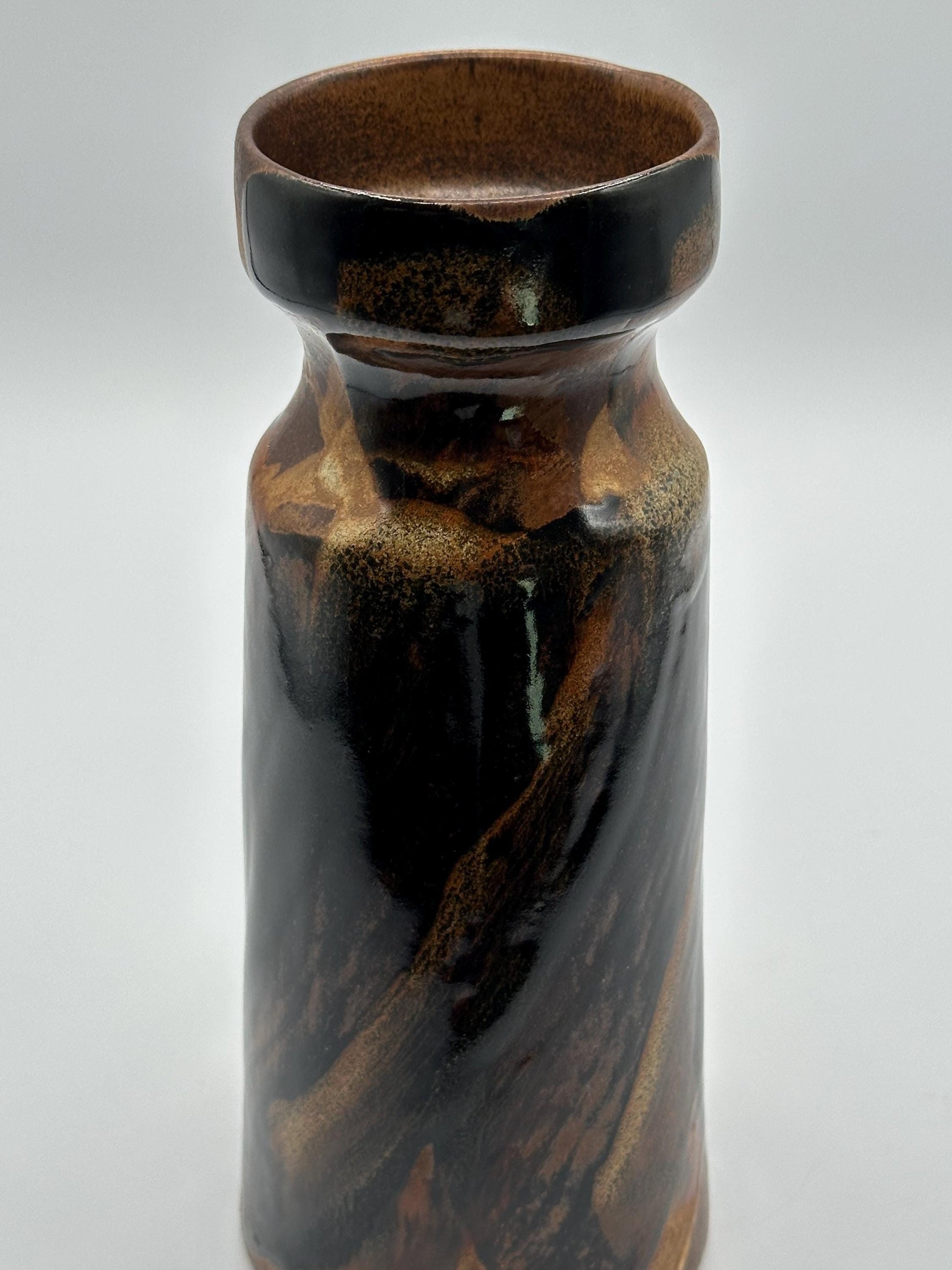 Vintage Mid-Century Modern Cylindrical Vase: Brown & Black Swirl Accents - USA Pottery Craft
