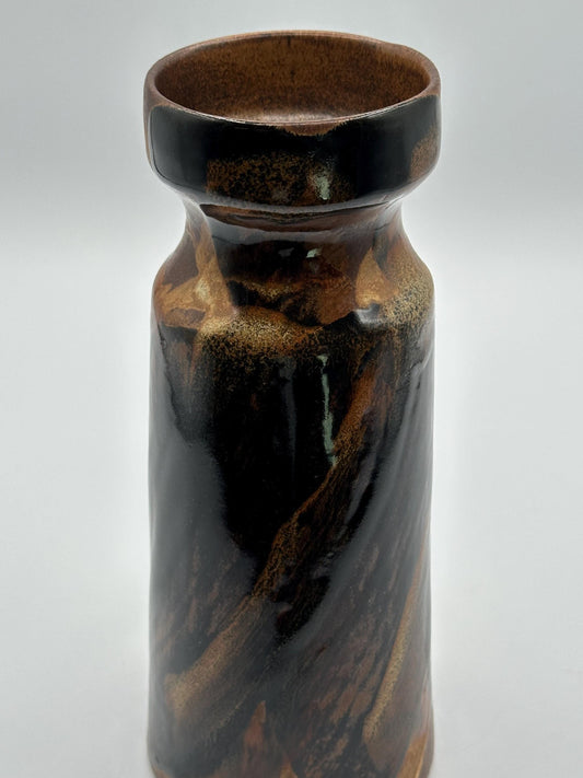 Vintage Mid-Century Modern Cylindrical Vase: Brown & Black Swirl Accents - USA Pottery Craft