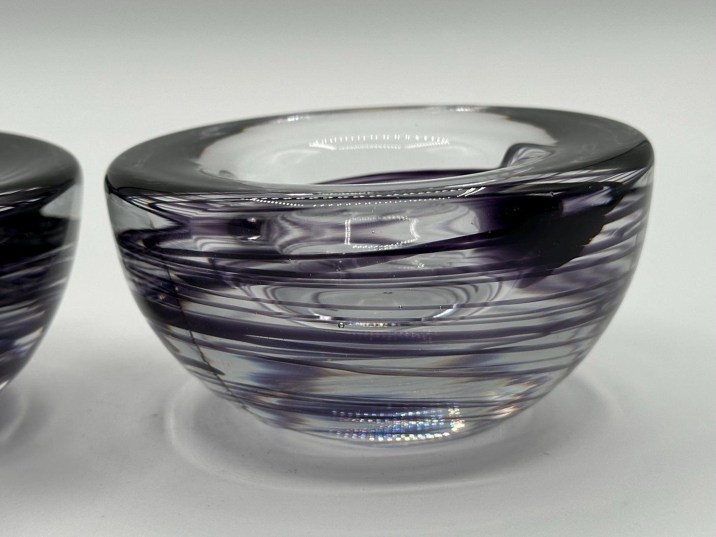 Kosta Boda Atoll Votive Candle Holders - Clear & Purple Swirl Glass Art Pair
