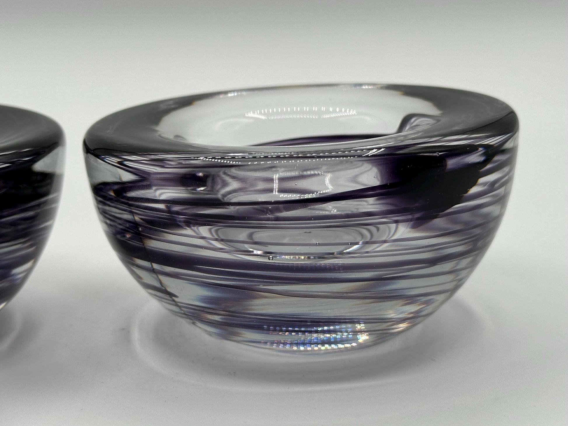Kosta Boda Atoll Votive Candle Holders - Clear & Purple Swirl Glass Art Pair
