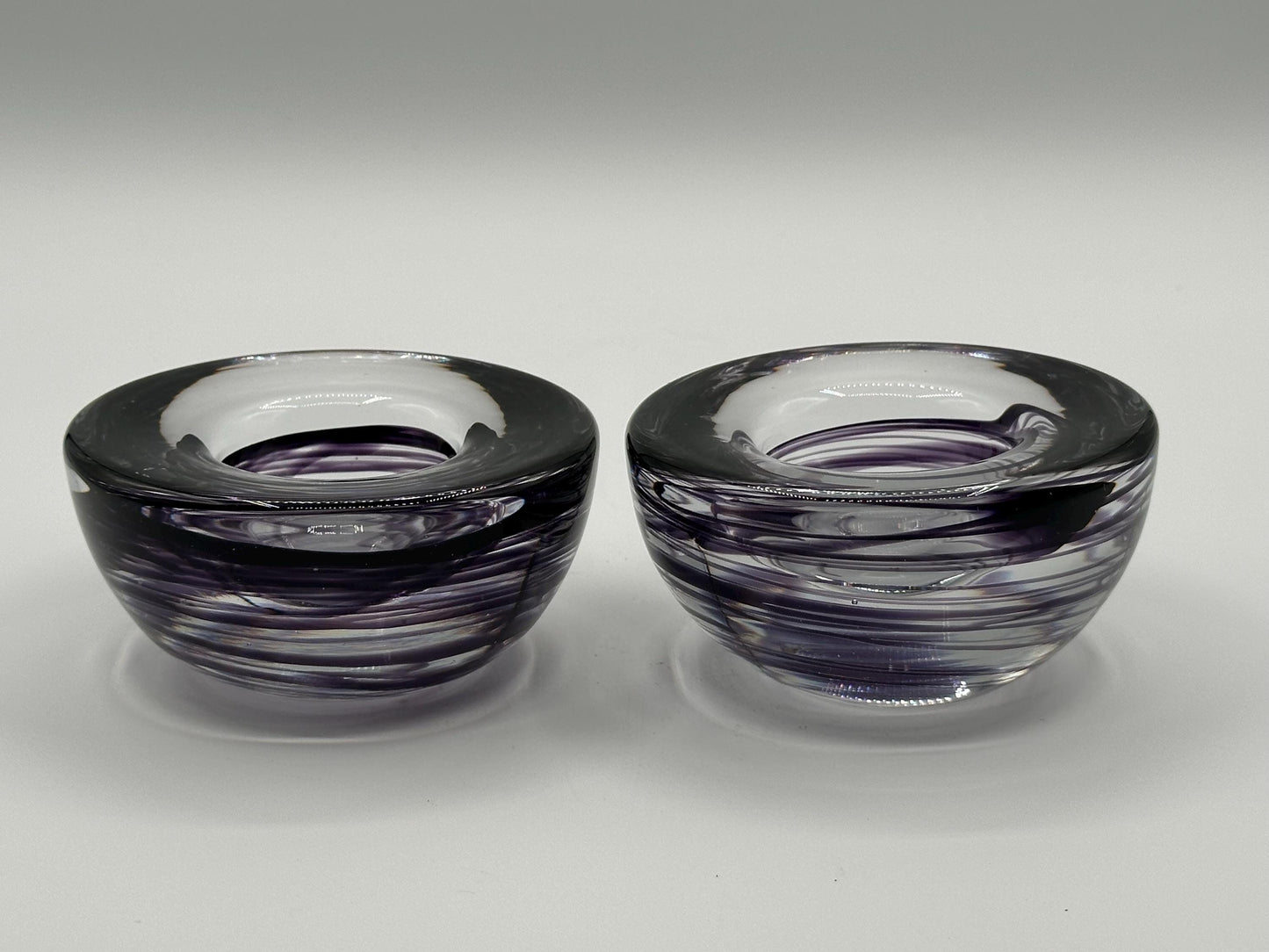 Kosta Boda Atoll Votive Candle Holders - Clear & Purple Swirl Glass Art Pair