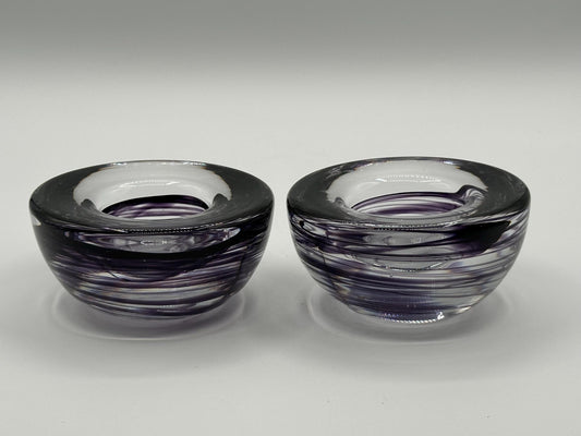 Kosta Boda Atoll Votive Candle Holders - Clear & Purple Swirl Glass Art Pair