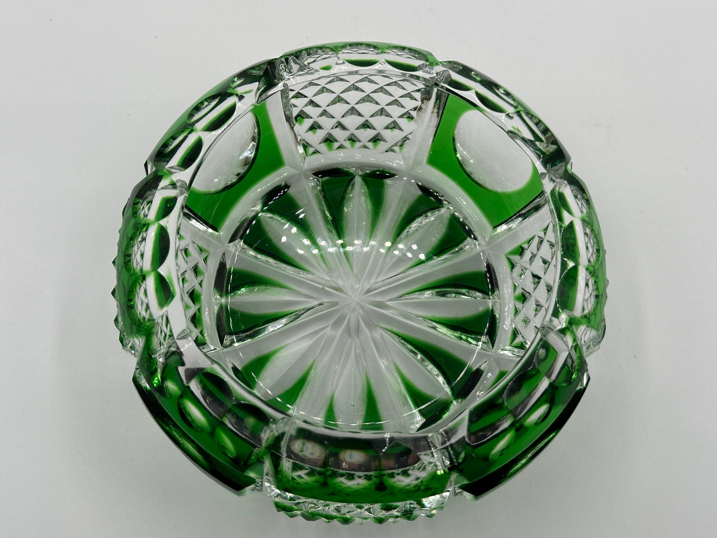 Vintage Bohemian Cut Glass Ashtray - Emerald Green Crystal Smoking Accessory for Home Decor