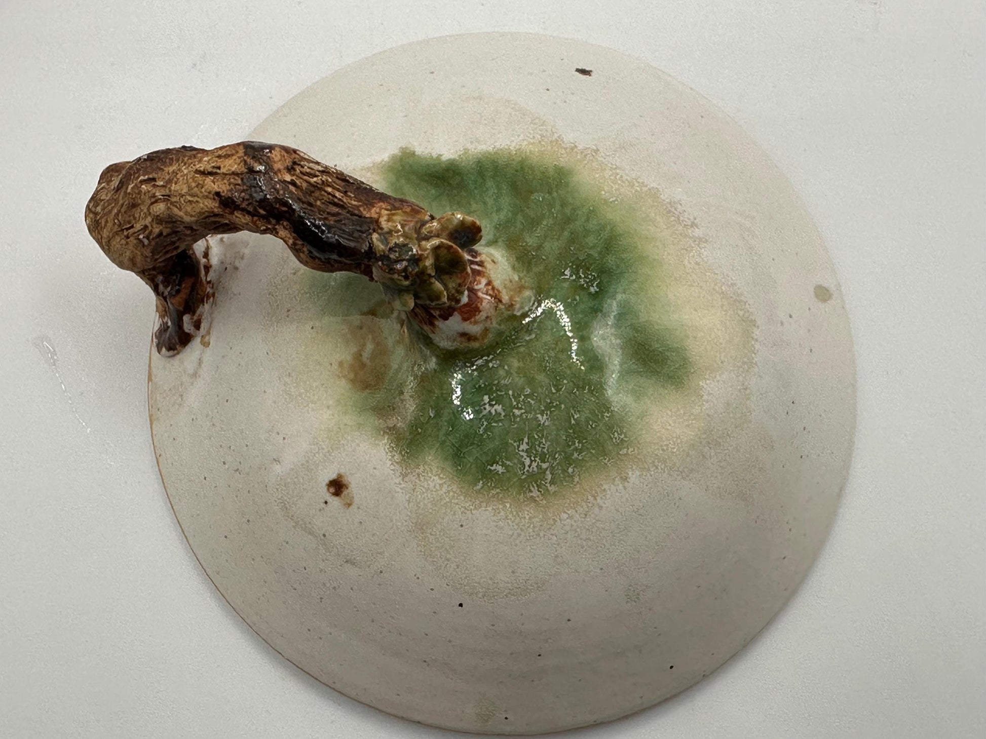 Vintage Stoneware Serving Dish with Unique Branch Handle - Rustic Ceramic Pottery in Earthy Tones