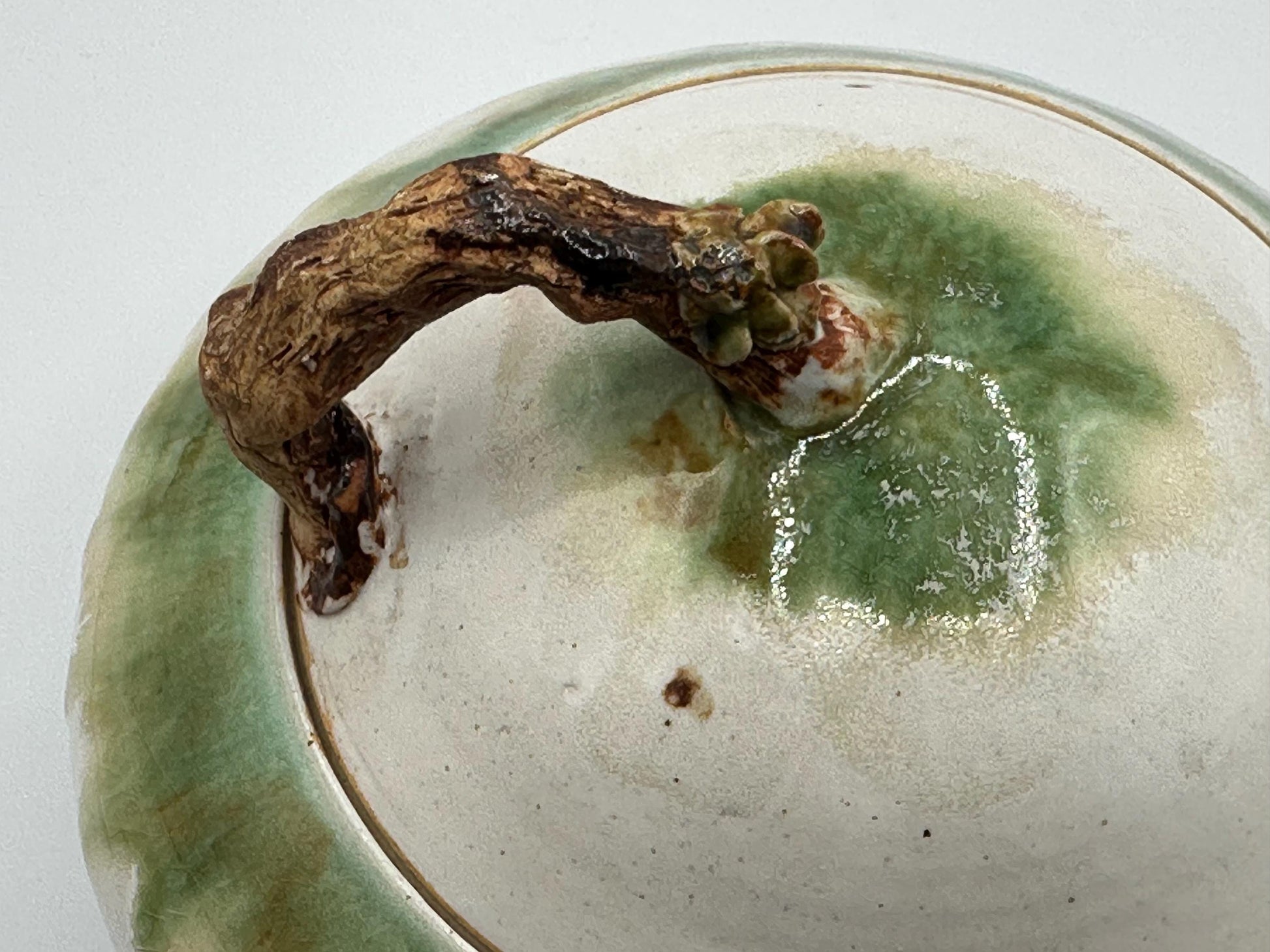 Vintage Stoneware Serving Dish with Unique Branch Handle - Rustic Ceramic Pottery in Earthy Tones