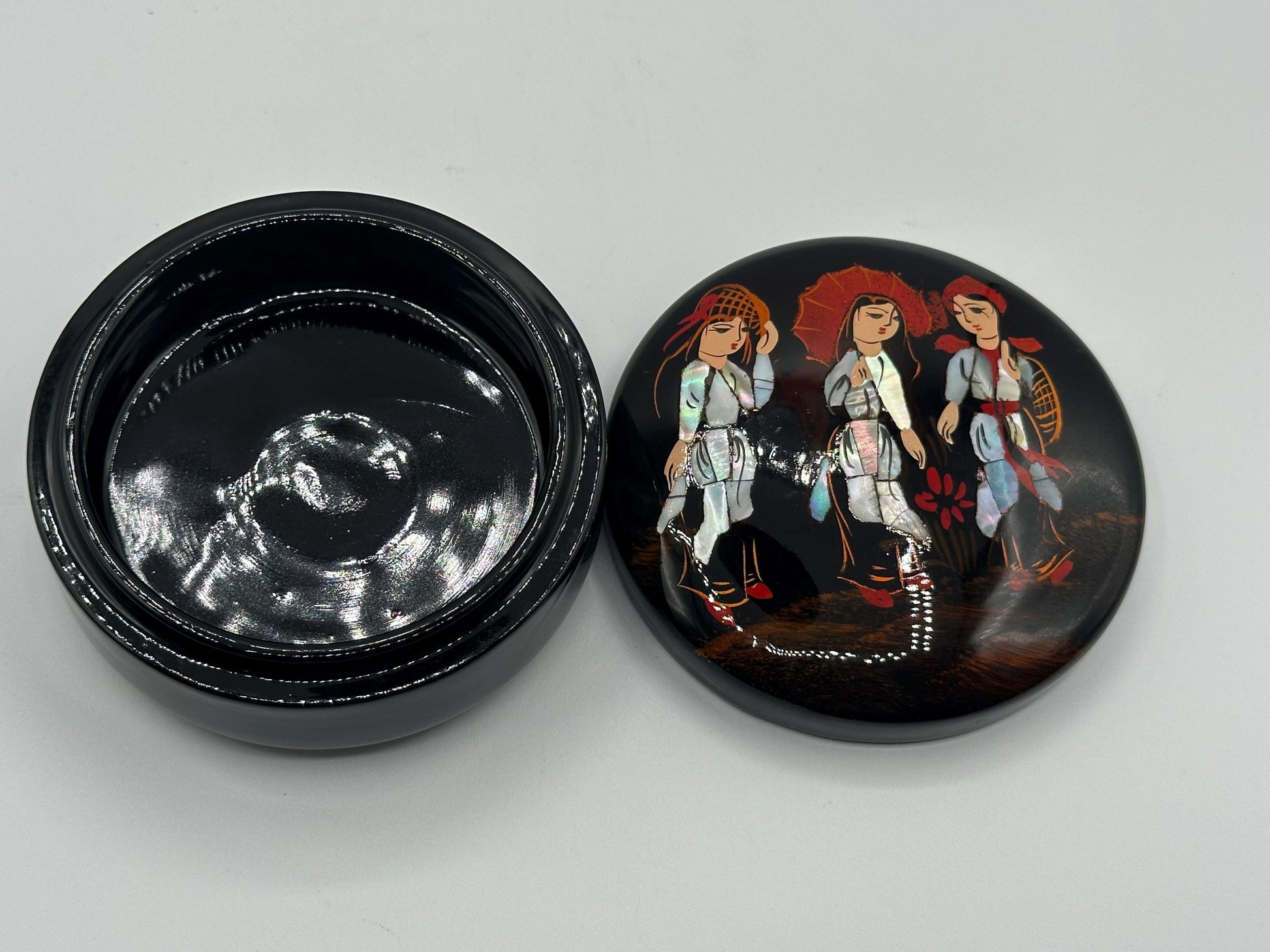 Vintage Asian Lacquer Box with Mother of Pearl Abalone Inlay Depicting Three Women