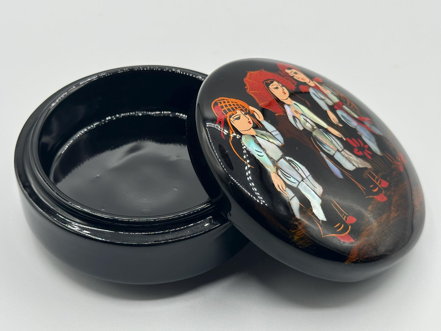 Vintage Asian Lacquer Box with Mother of Pearl Abalone Inlay Depicting Three Women