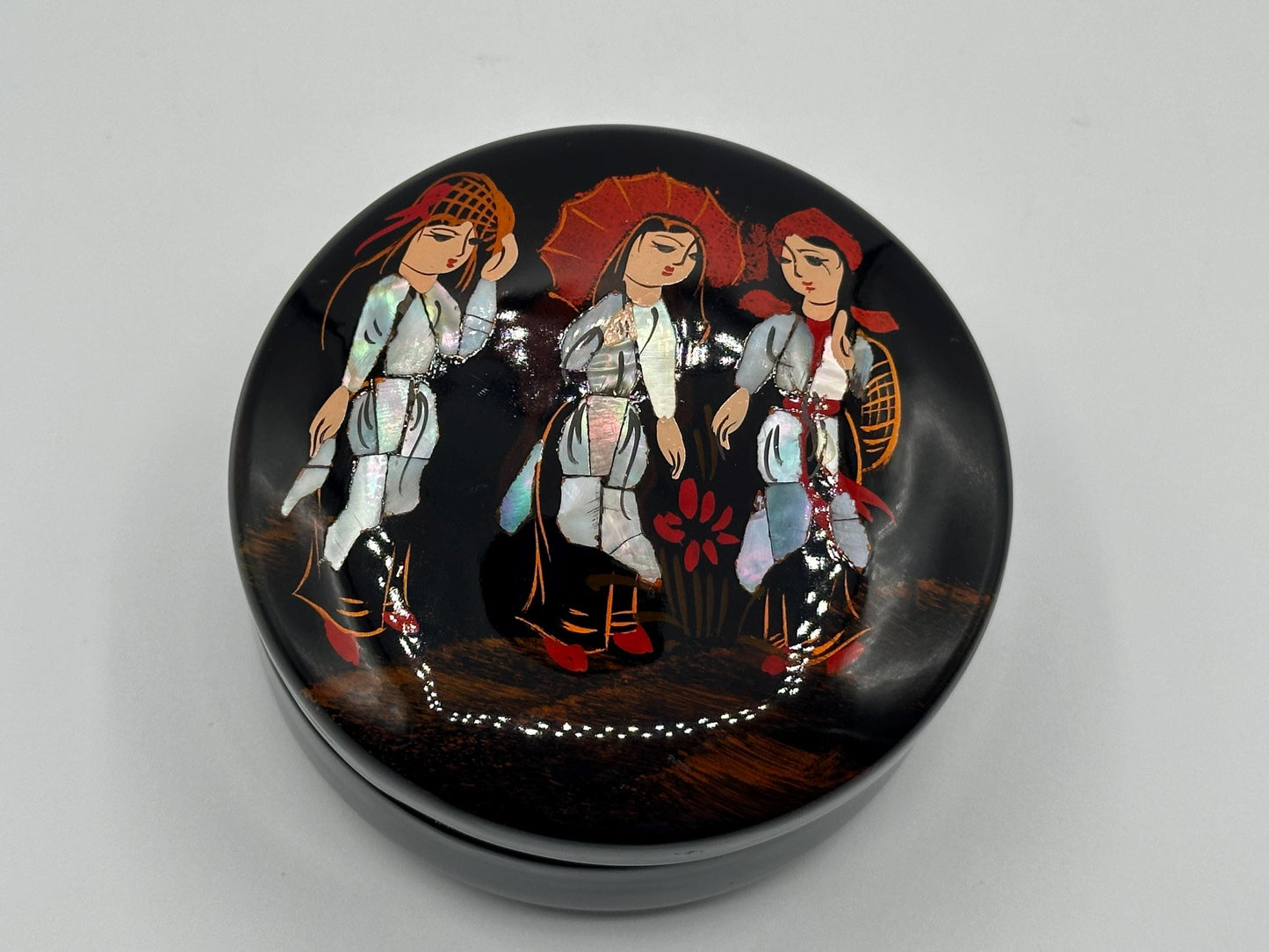 Vintage Asian Lacquer Box with Mother of Pearl Abalone Inlay Depicting Three Women