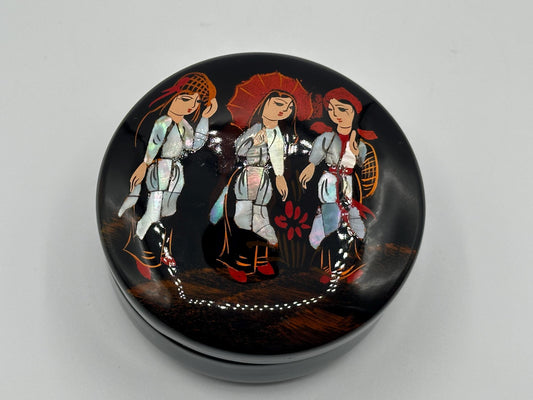 Vintage Asian Lacquer Box with Mother of Pearl Abalone Inlay Depicting Three Women