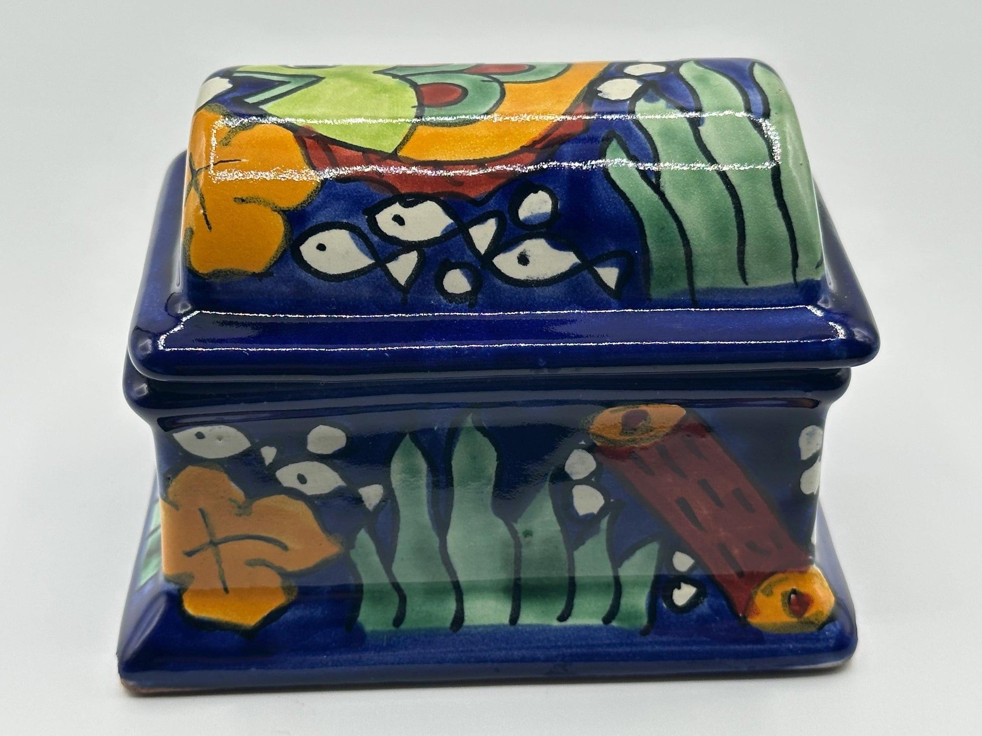 Vintage Talavera Hand-Painted Pottery Trinket Box by C. Hidalgo - Mexican Folk Art Jewelry Storage