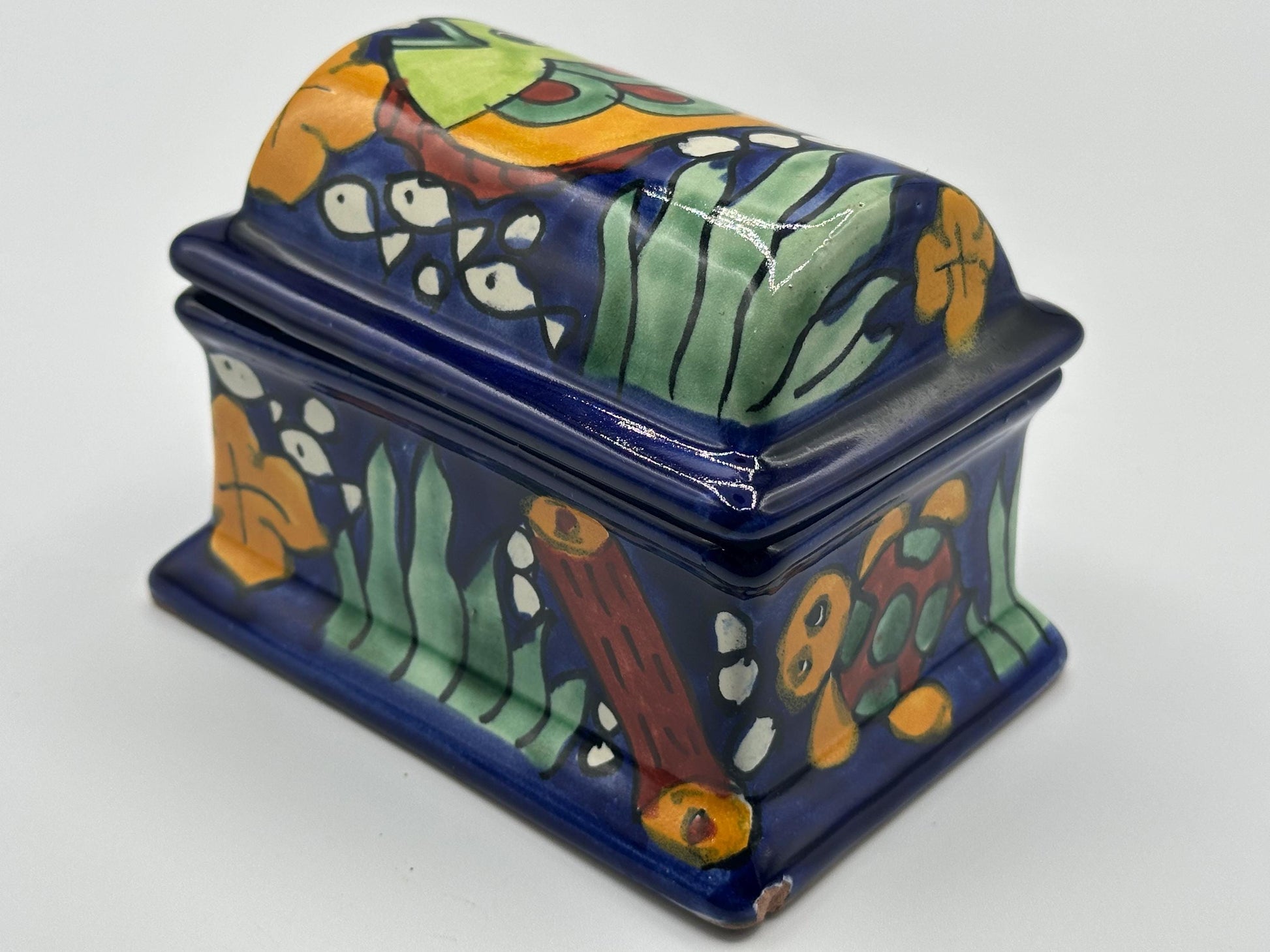 Vintage Talavera Hand-Painted Pottery Trinket Box by C. Hidalgo - Mexican Folk Art Jewelry Storage