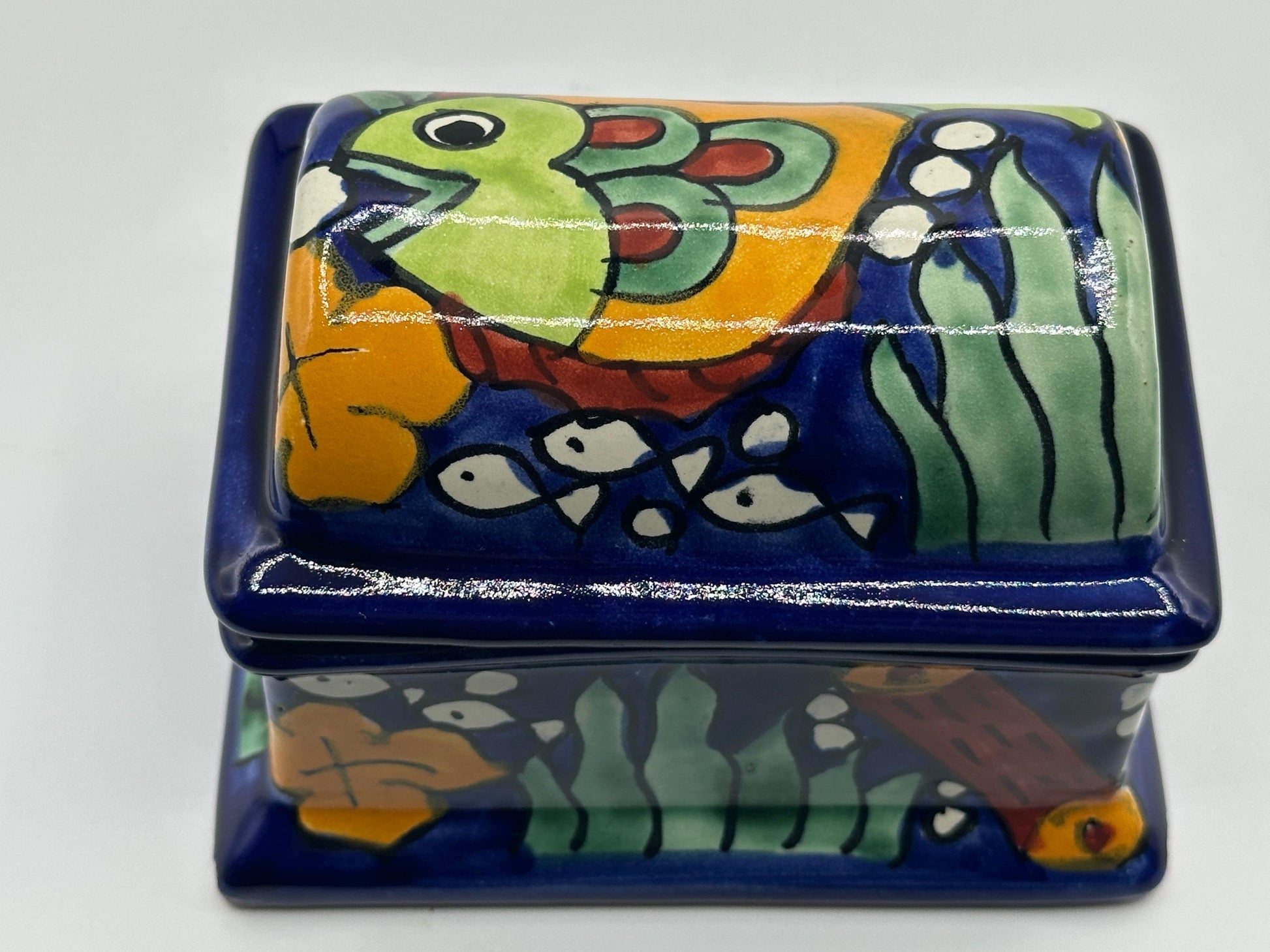 Vintage Talavera Hand-Painted Pottery Trinket Box by C. Hidalgo - Mexican Folk Art Jewelry Storage